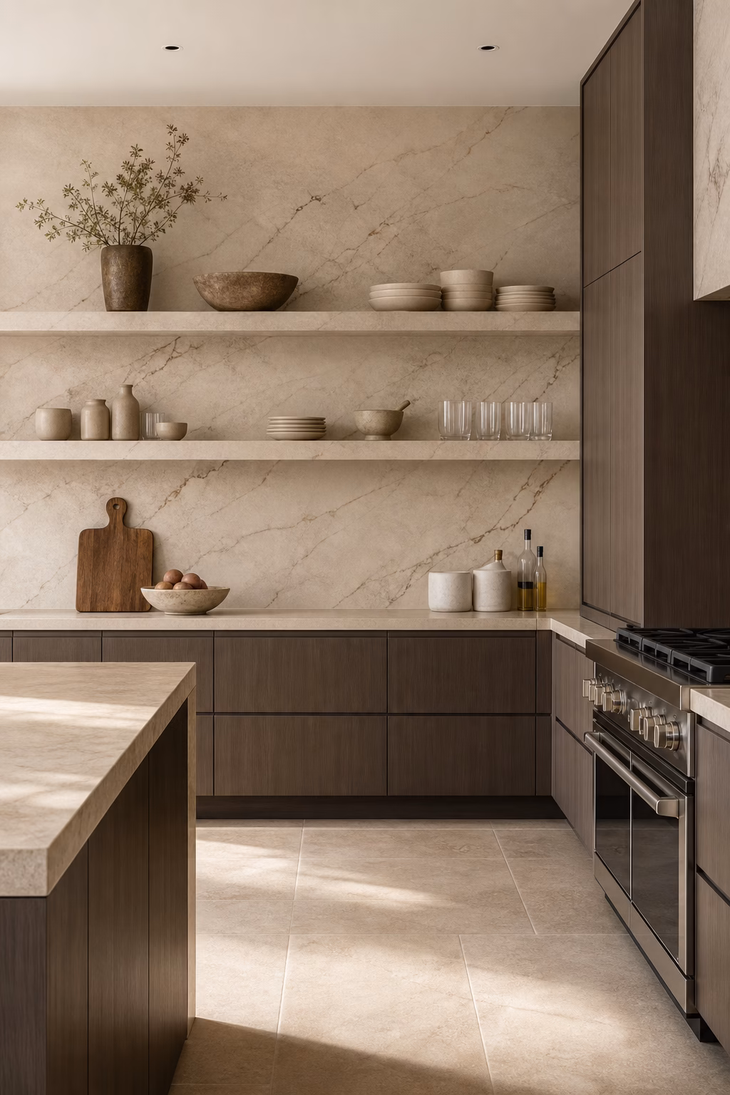Luxury kitchen with seamless stone open shelves and a matching slab backsplash.