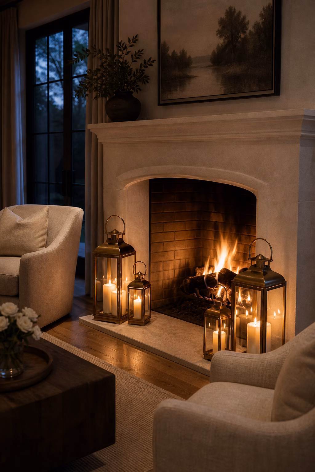 Brass candle lanterns styled safely beside a refined fireplace