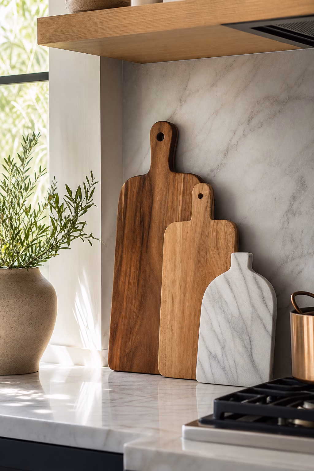 Restrained stack of cutting boards leaning against a sleek kitchen backsplash