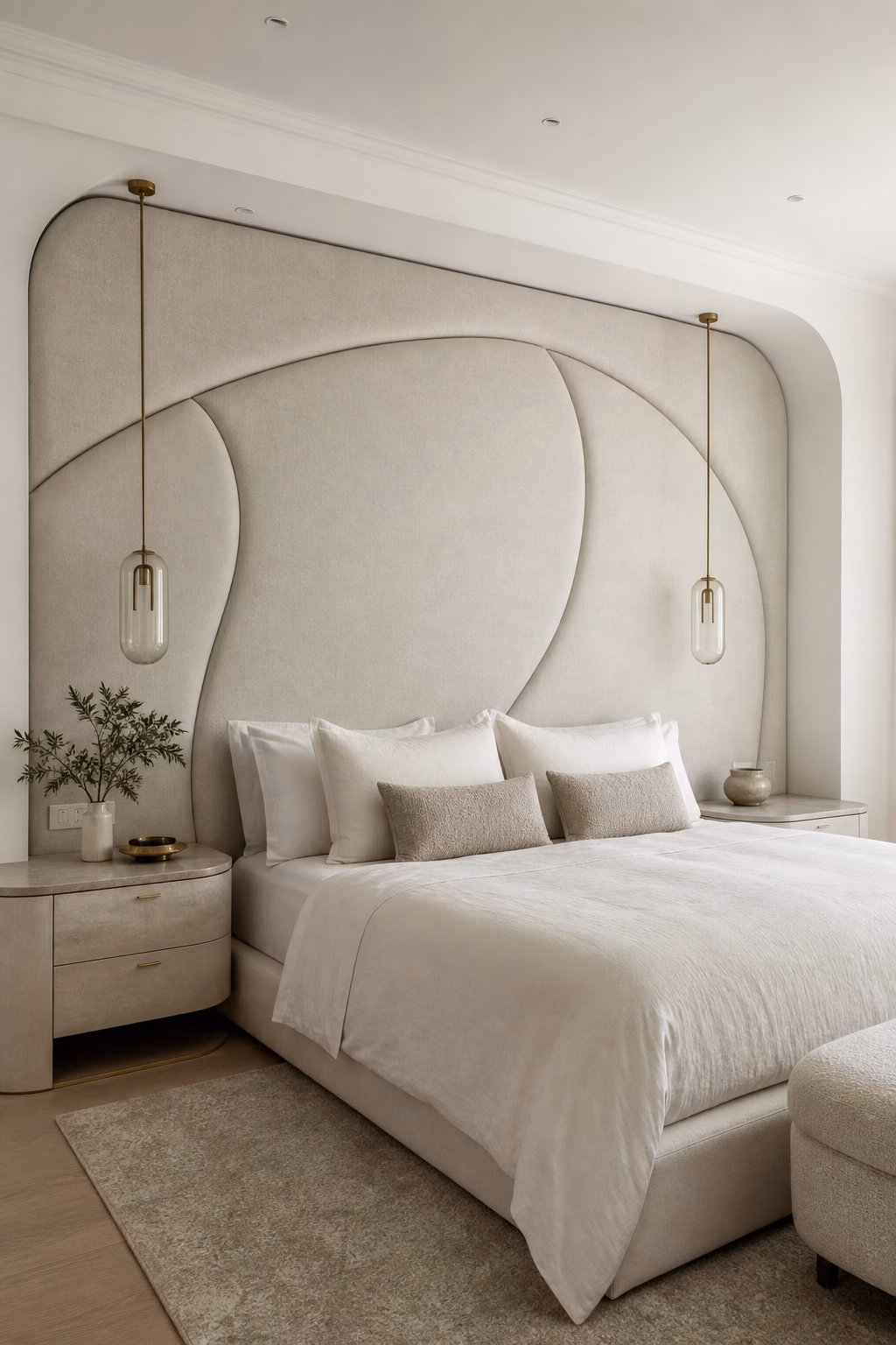 White bedroom with a sculptural linen headboard, integrated nightstands, and restrained styling.