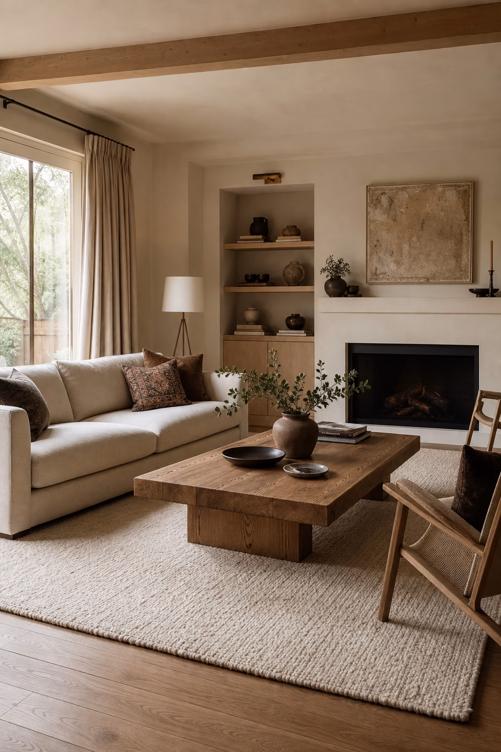 Cosy living room with large wool rug anchoring sofa and chairs
