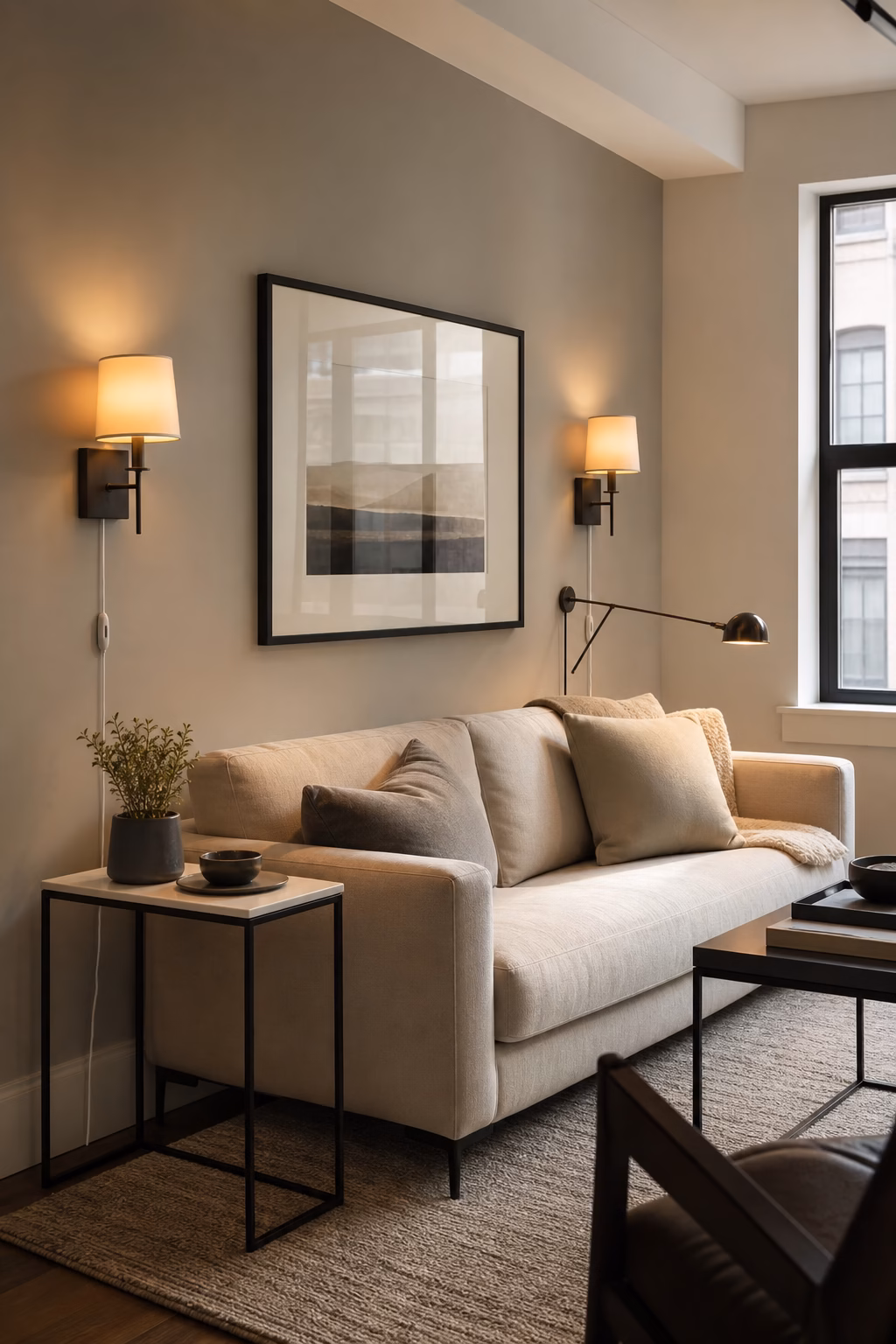 Apartment living room with plug in wall sconces and compact side tables