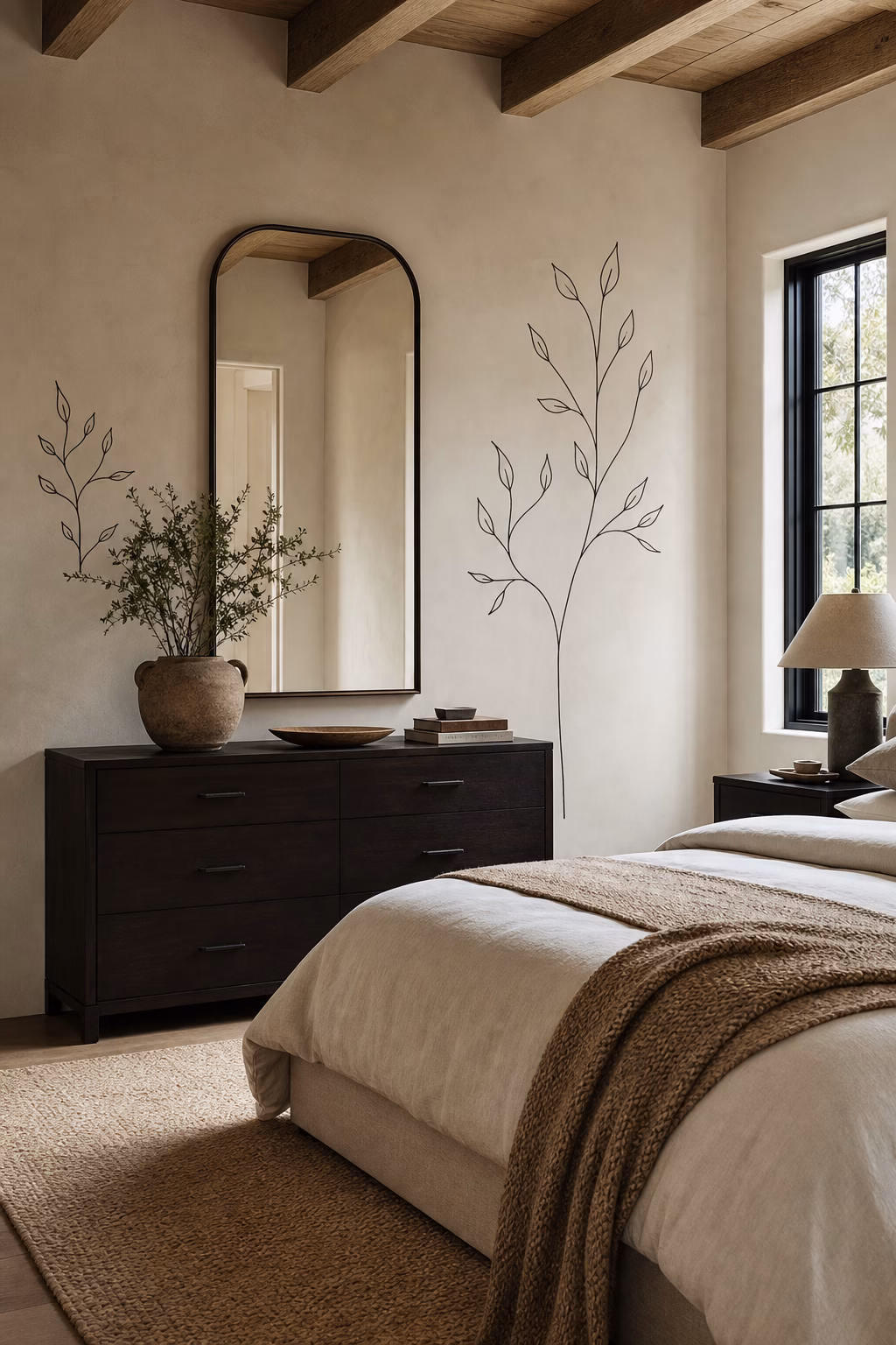 Minimal line-art decals adding gallery style to a modern bedroom