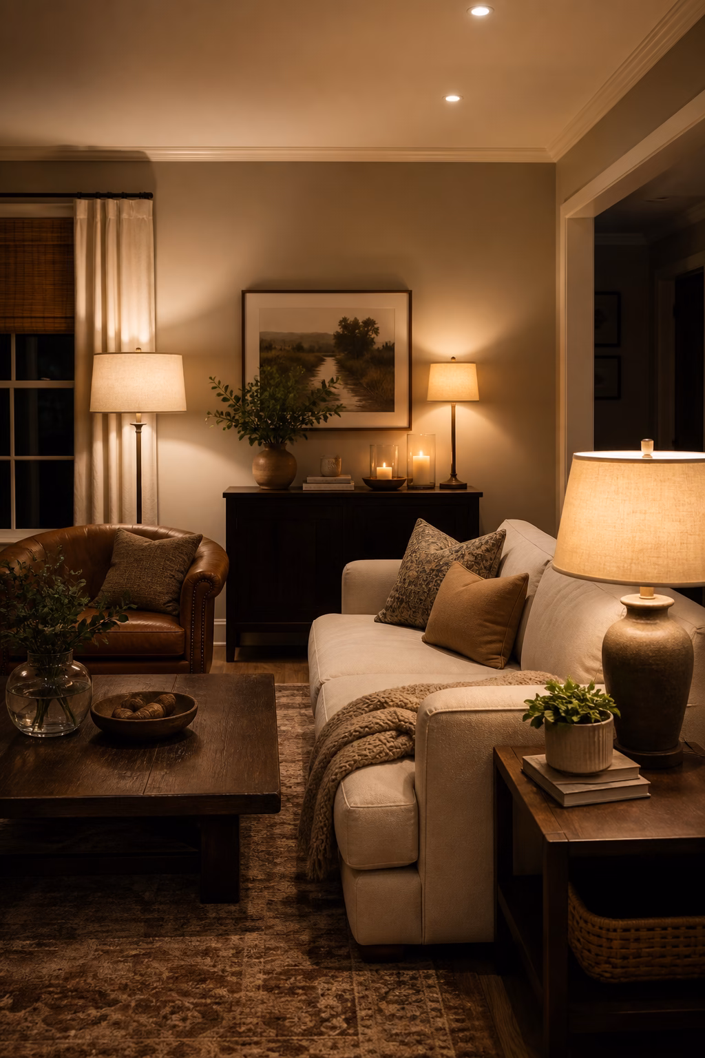 Cozy living room with layered table lamps, floor lamp, and soft overhead lighting.