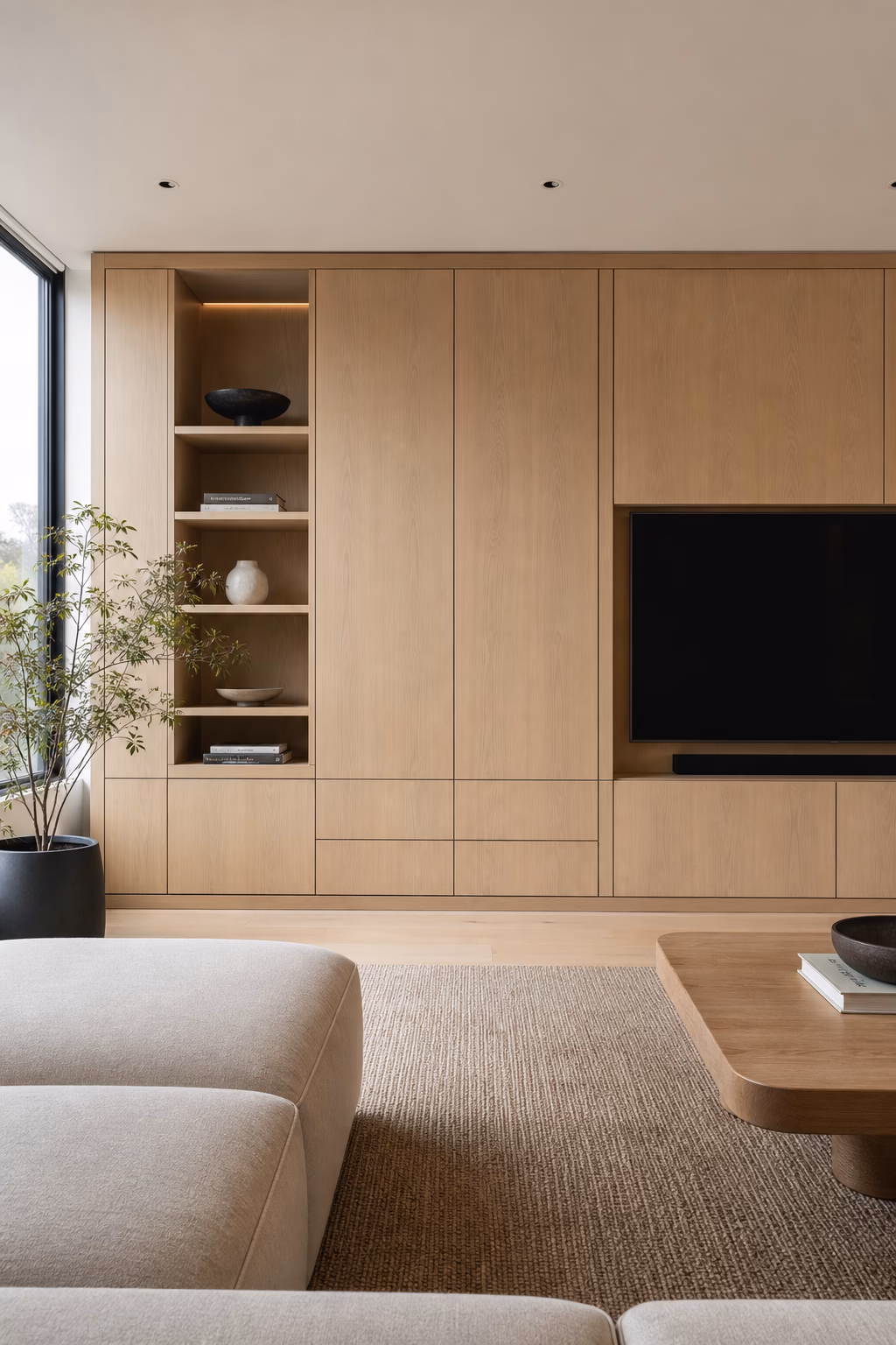 Minimalist living room with flush oak storage wall concealed media and clean shelves