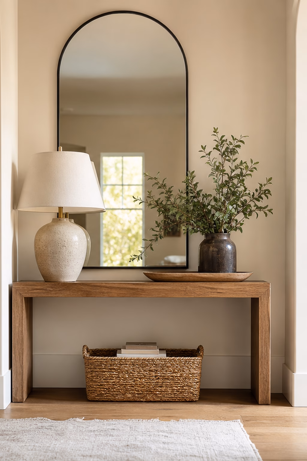 Arched wall mirror styled above a slim entry console.