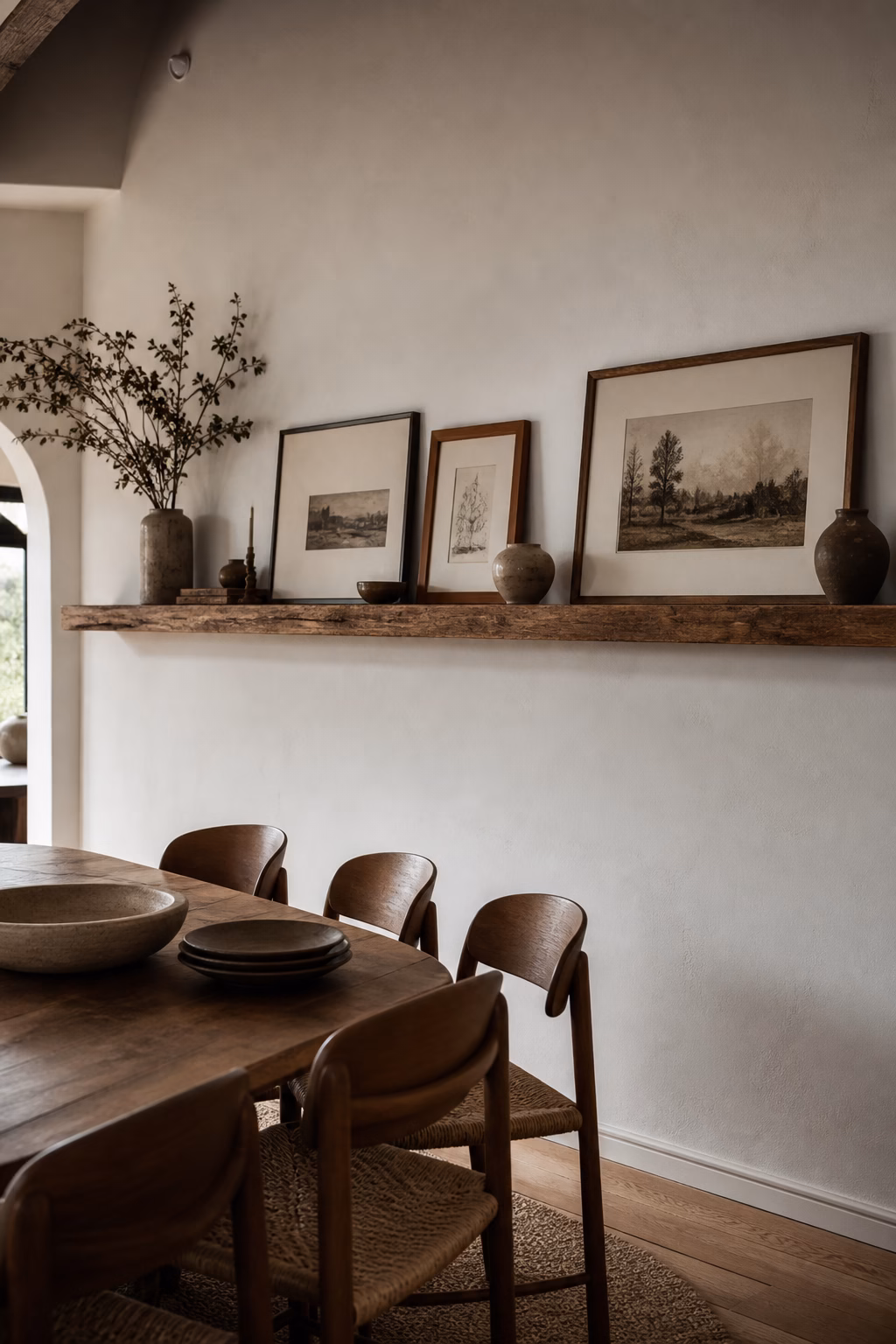 Extra-long oak picture ledge styling a rustic dining room wall