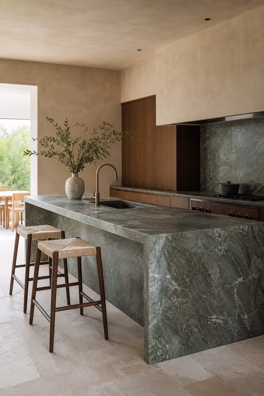 Muted green stone island acting as an elevated home decor statement