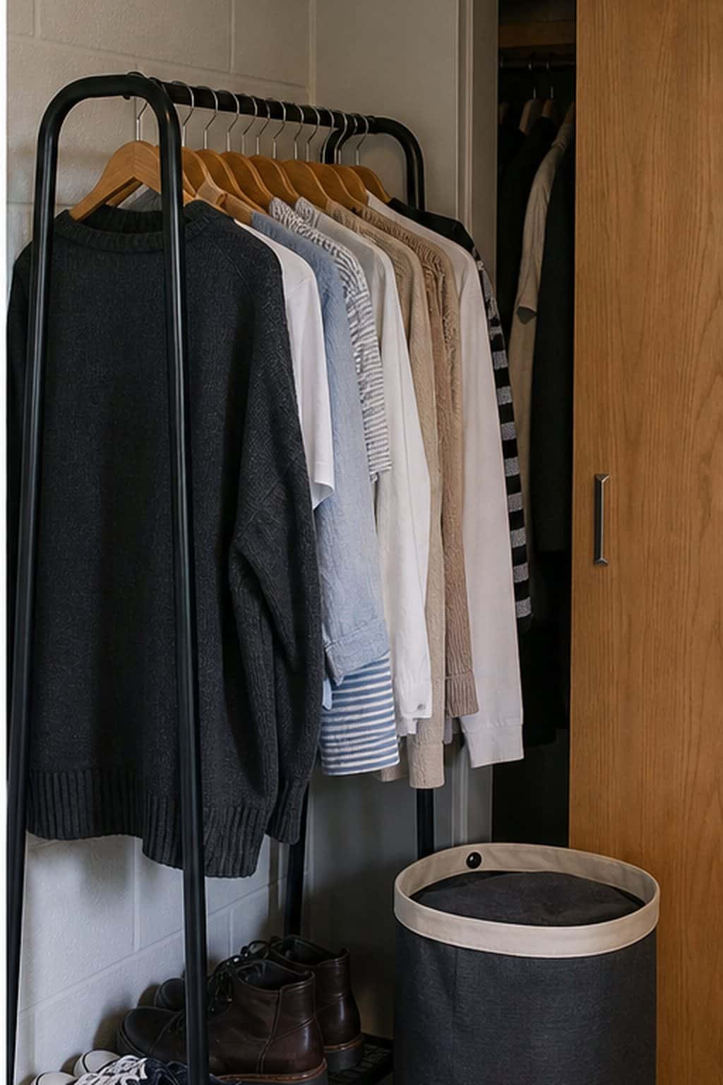 Dorm wardrobe zone with a rolling rack, matching hangers, shoe shelf, and lidded hamper.