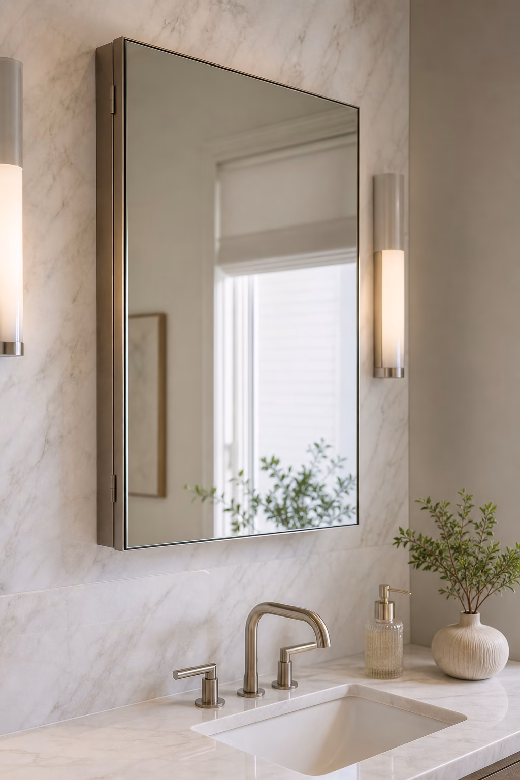 Mirrored medicine cabinet with slim frame above marble backsplash and modern faucet