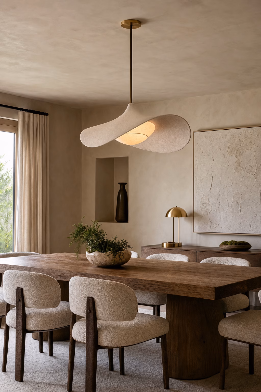 Sculptural pendant light above a wood dining table in a refined dining room