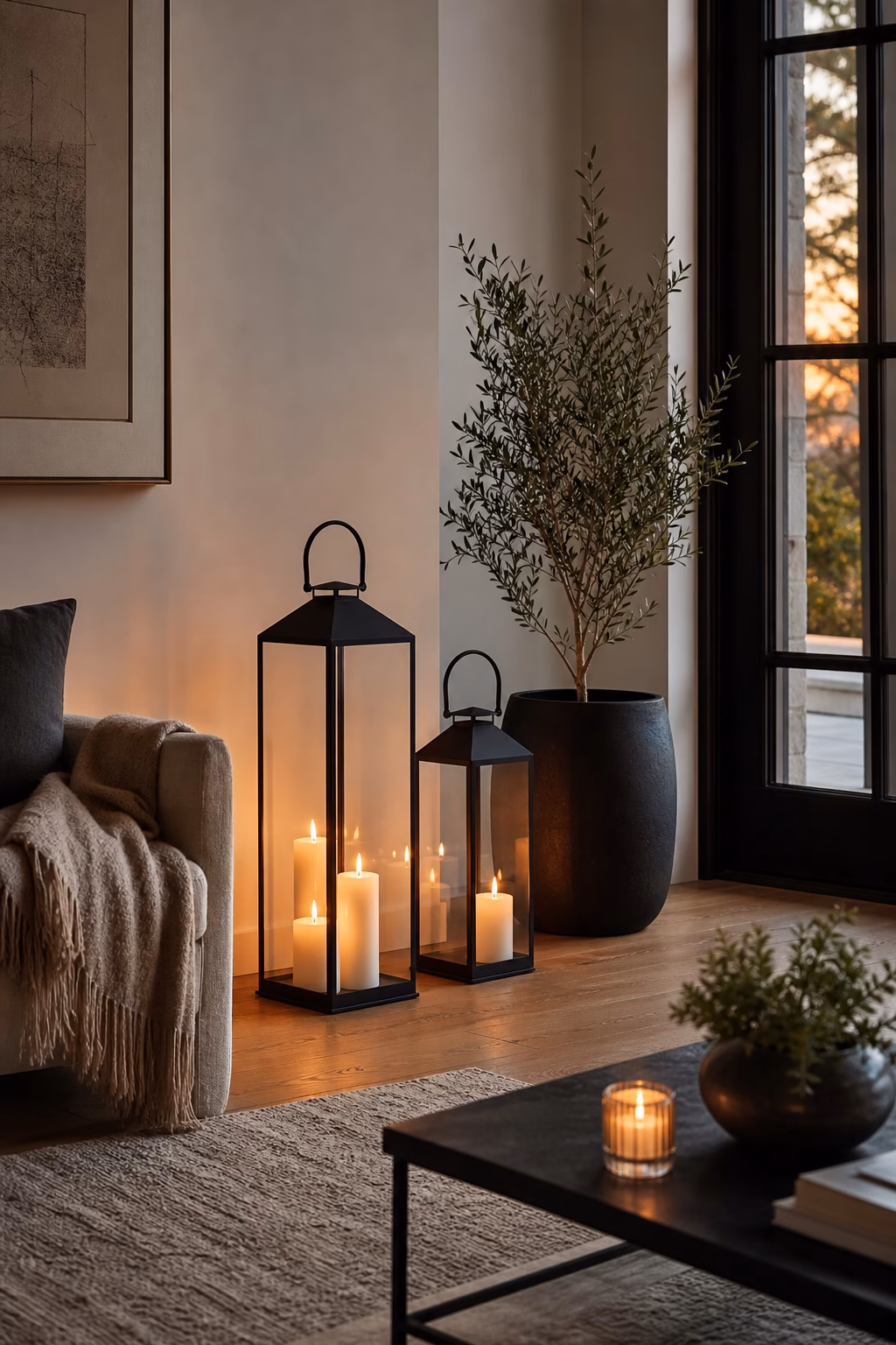 Black metal lanterns adding graphic contrast to a warm neutral room