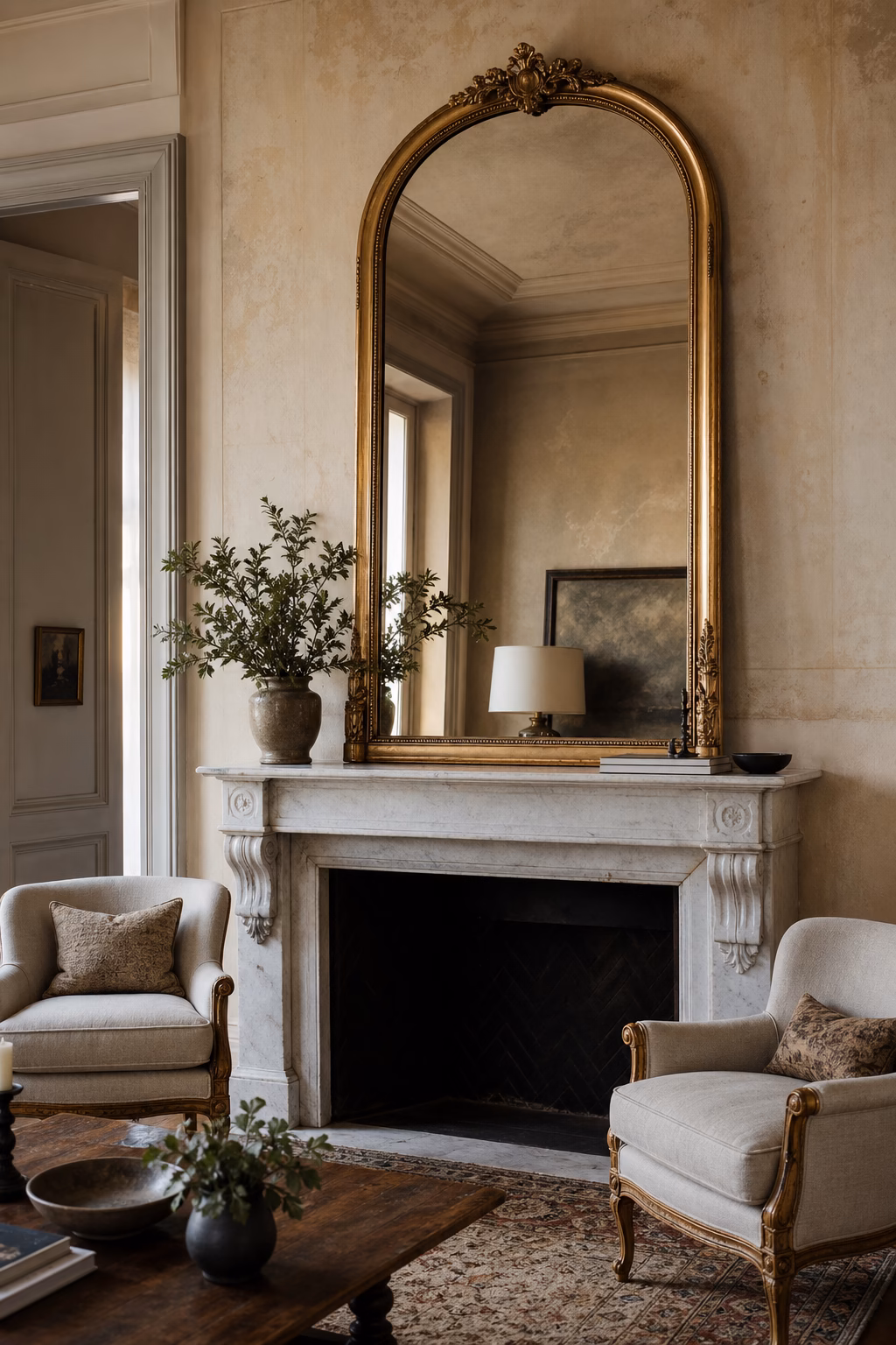 Antique gold arched mirror adding old-world texture above a mantel