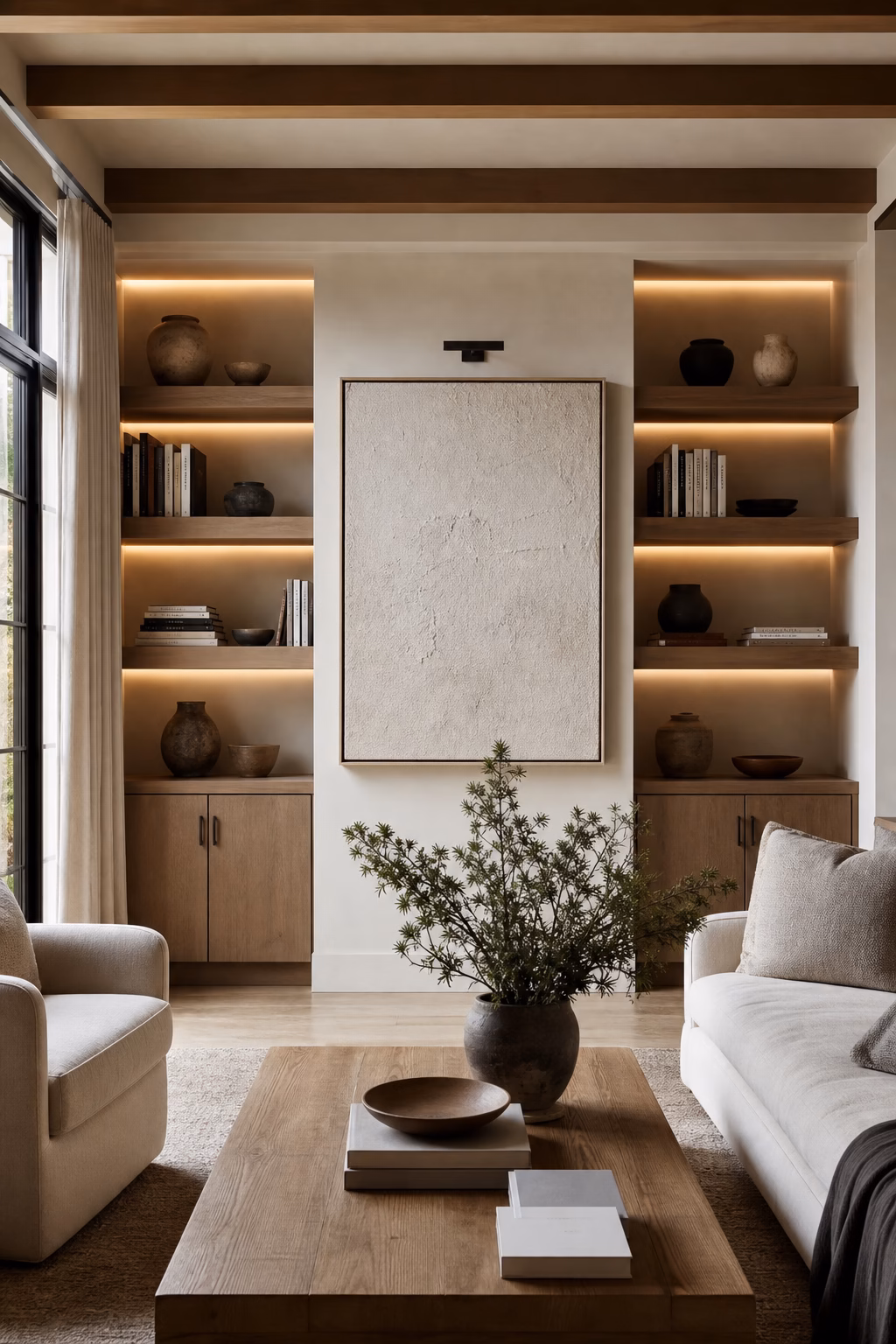 Centered artwork framed by built-in living room shelves