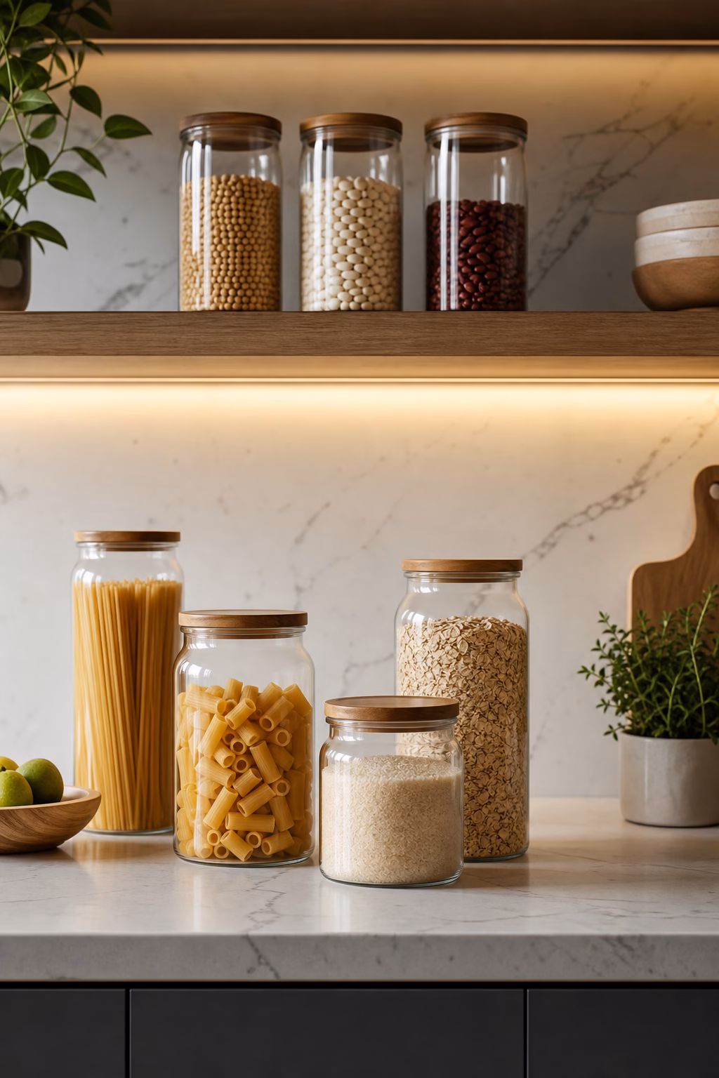 Glass pantry storage jars with pasta rice oats and beans on kitchen shelves