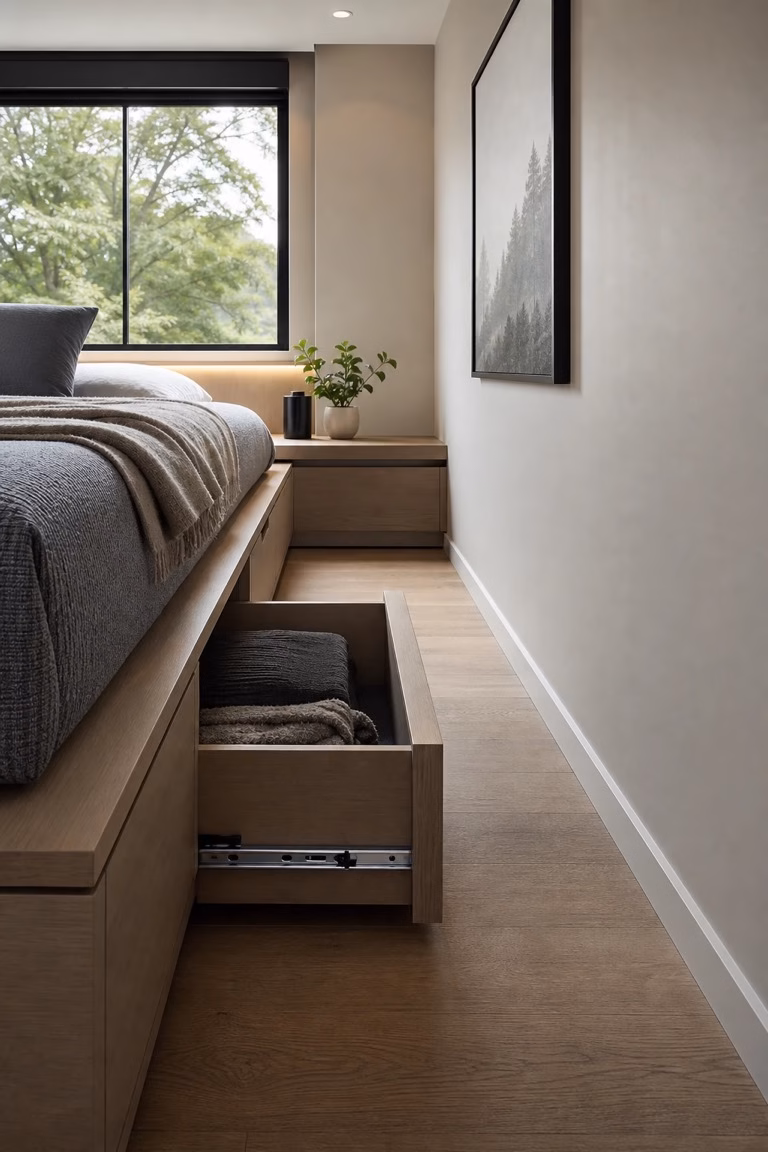 Platform storage bed with recessed pulls in a tight modern bedroom.