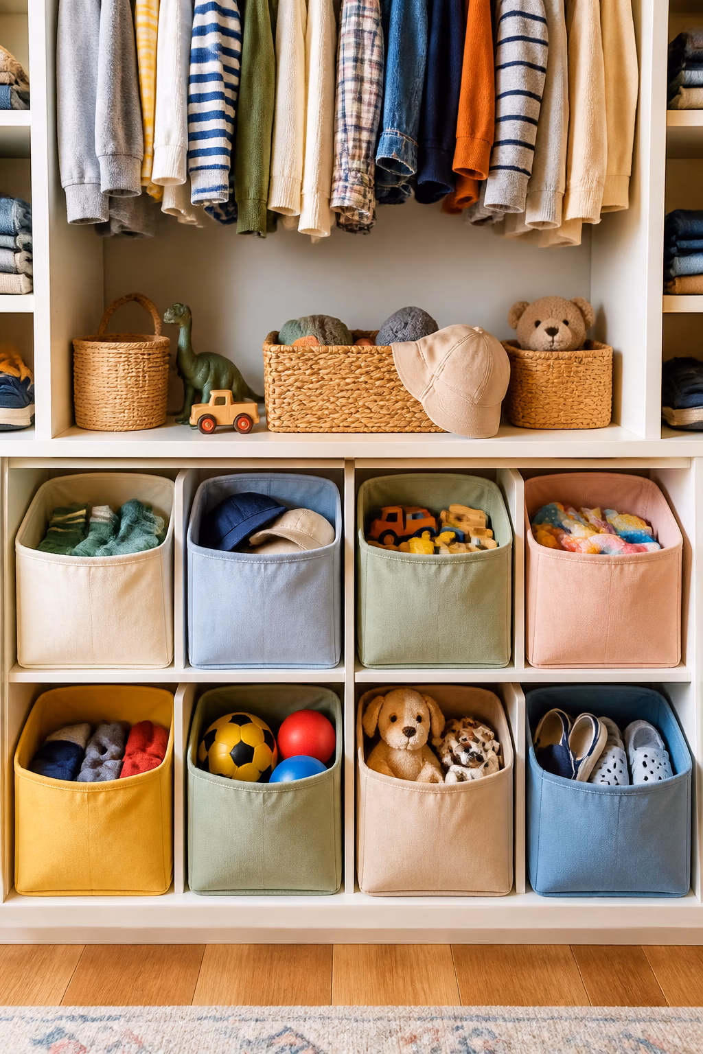 Kids closet with low fabric bins, woven baskets, and visually grouped storage for hats, toys, socks, and accessories.