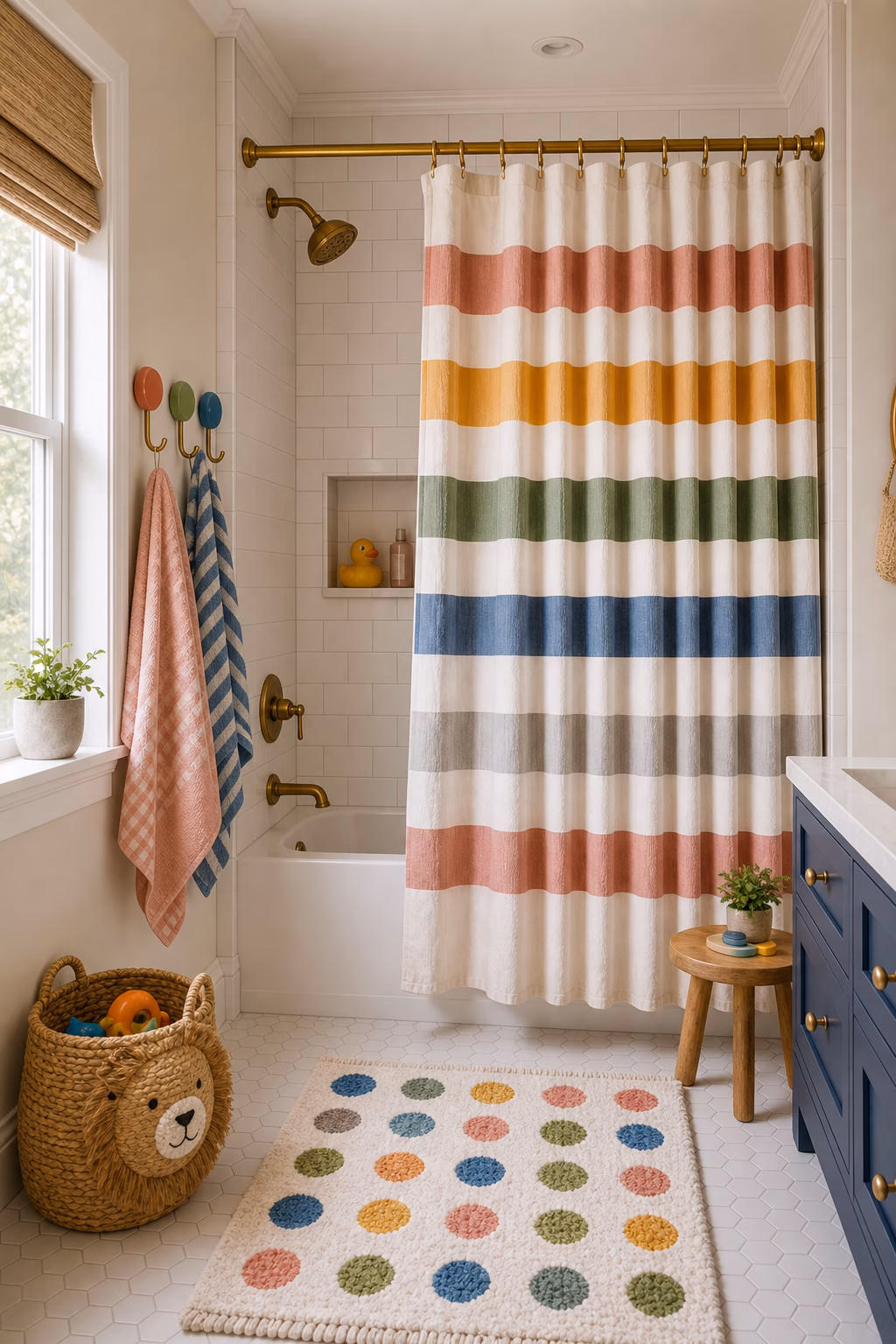 bring in a playful shower curtain shown in a polished kids bathroom with realistic materials and natural light.