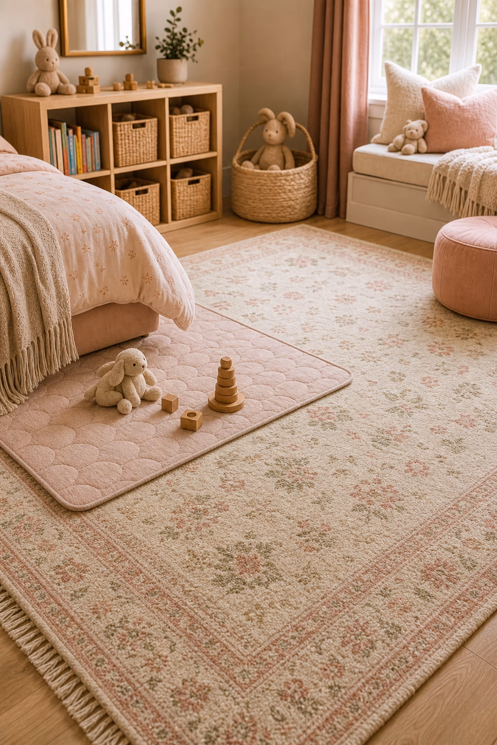 choose washable, layered rugs shown in a polished toddler girl bedroom with realistic materials and natural light.