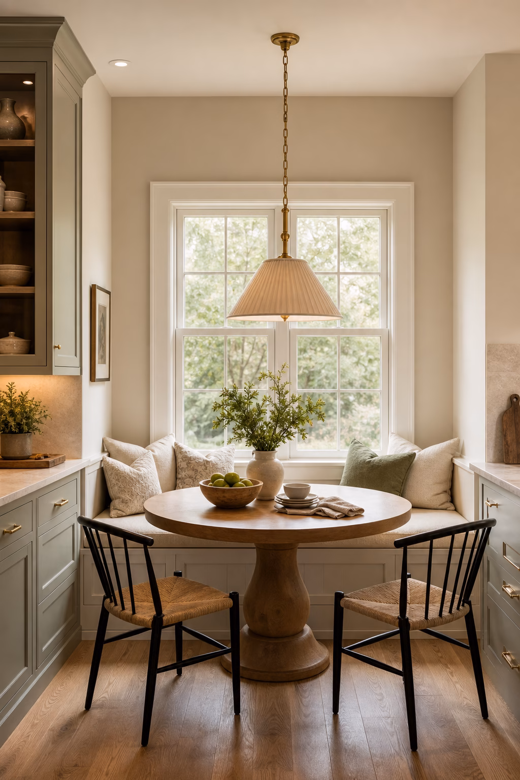 Breakfast nook with a pendant light centered correctly over the table.