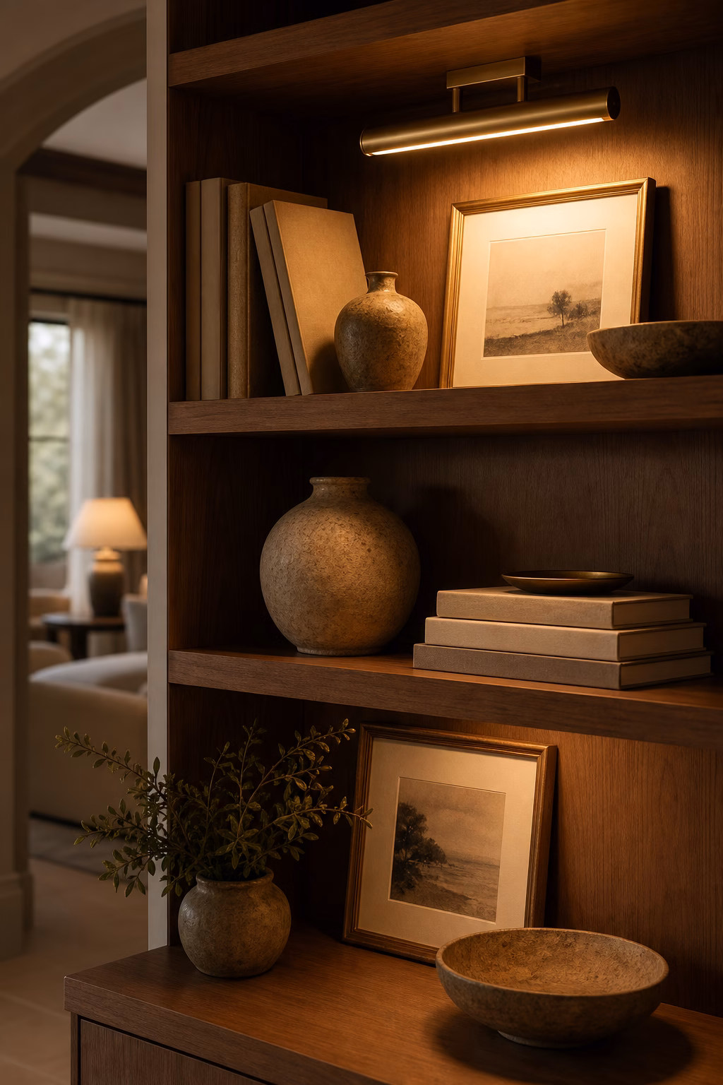Warm picture light illuminating styled built-in shelves