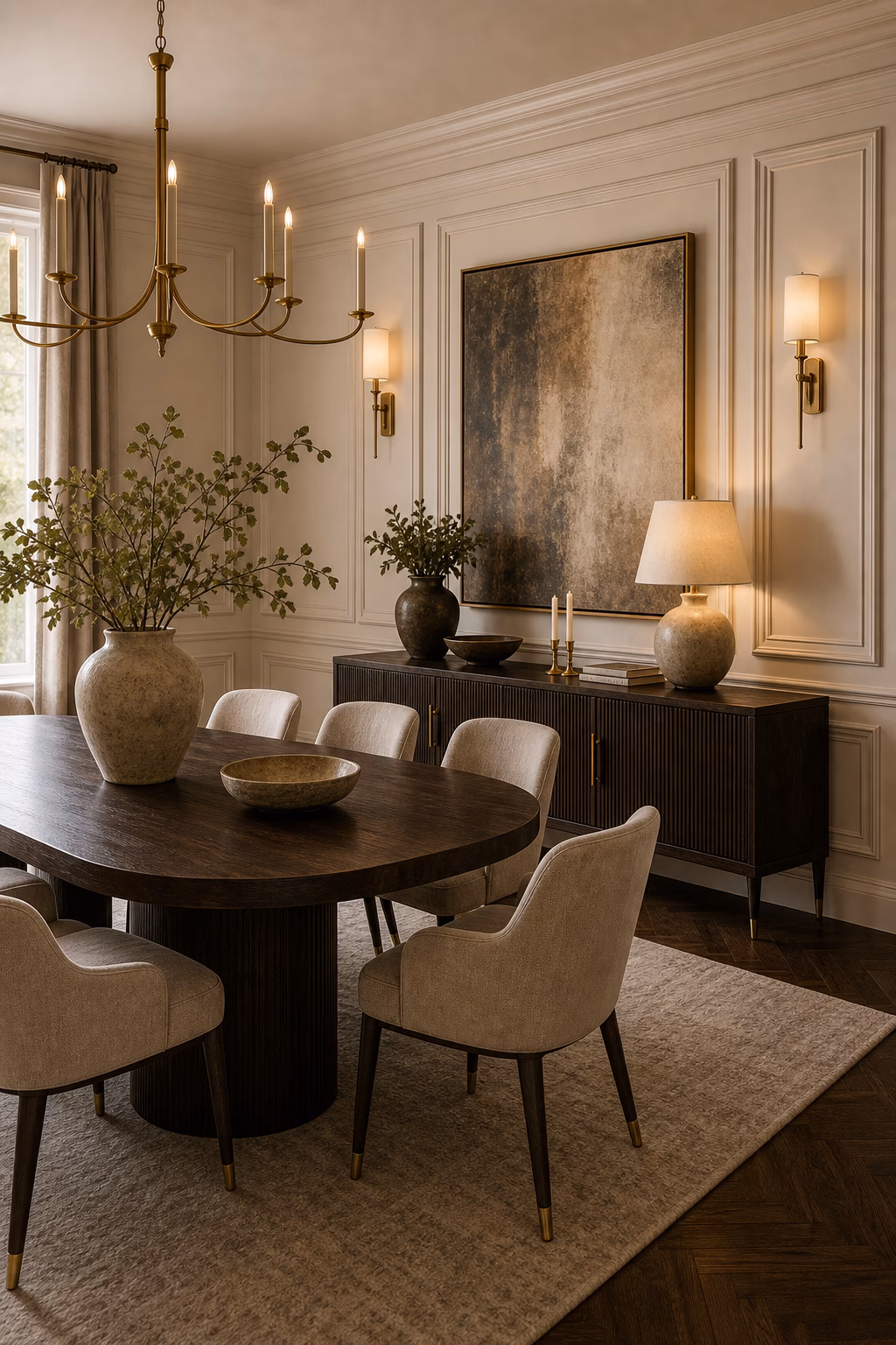 bring in architectural wall molding shown in a polished luxury dining room with realistic materials and natural light.