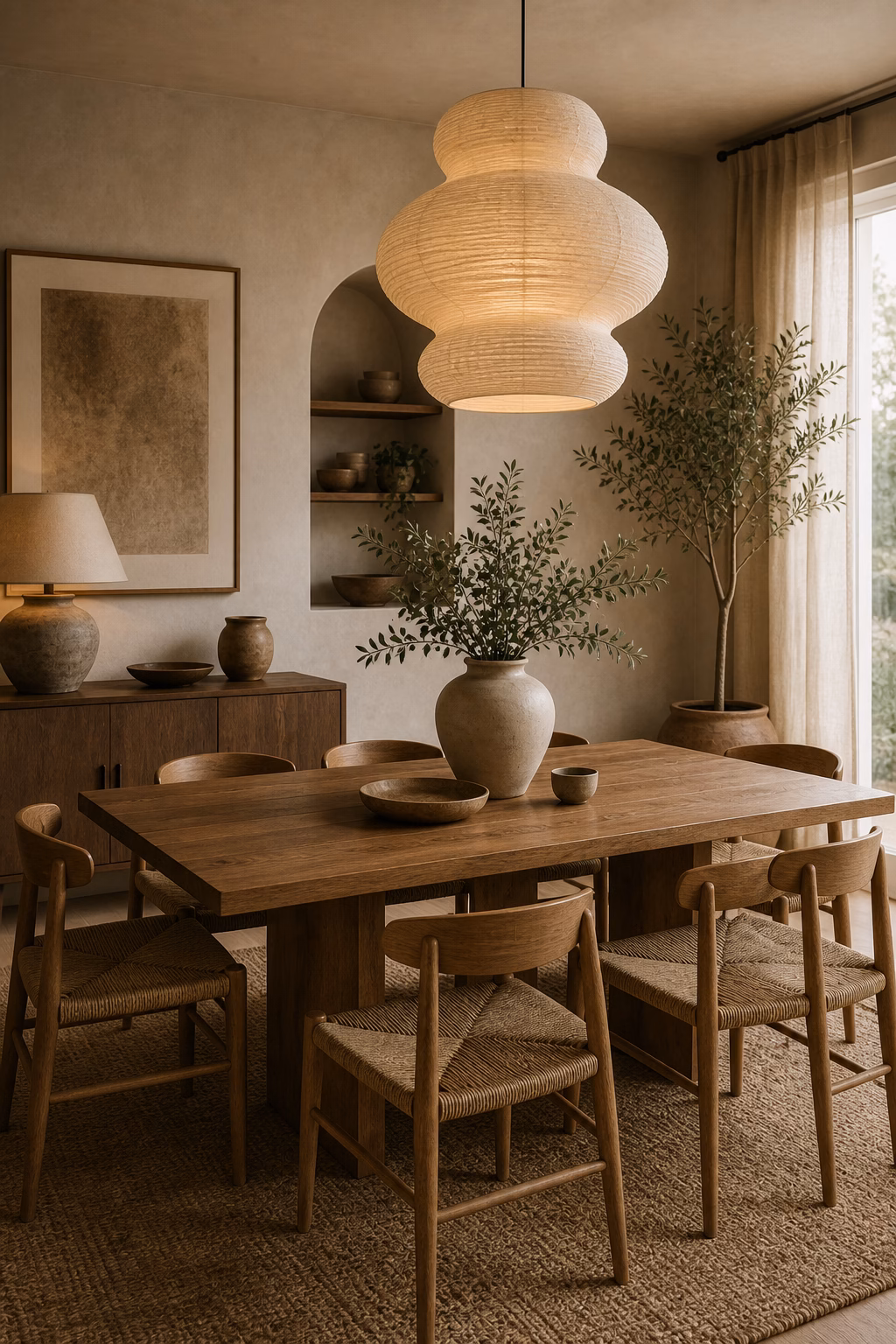 add a sculptural paper pendant shown in a polished organic modern dining room with realistic materials and natural light.