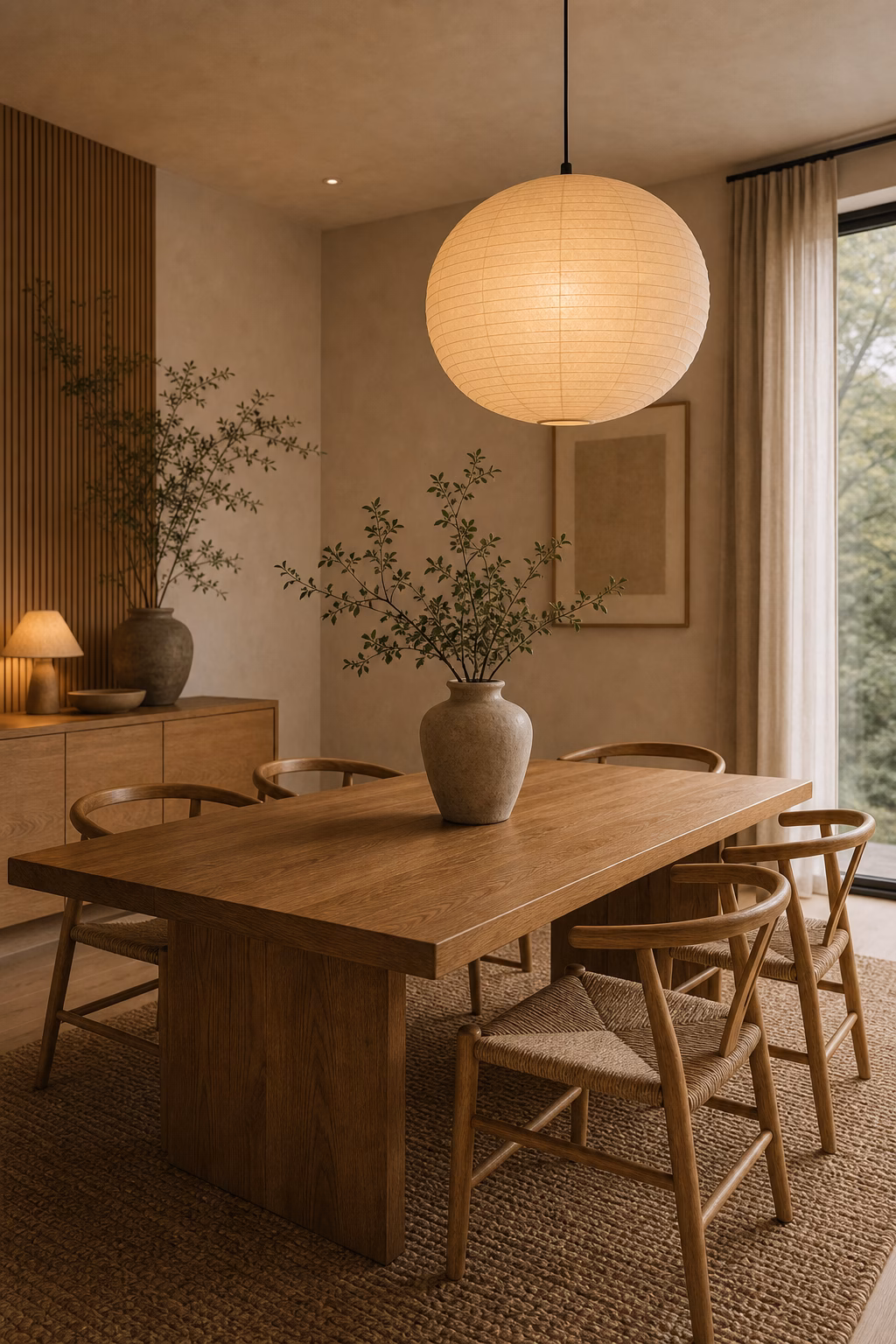 use paper lighting for warmth shown in a polished Japandi dining room with realistic materials and natural light.