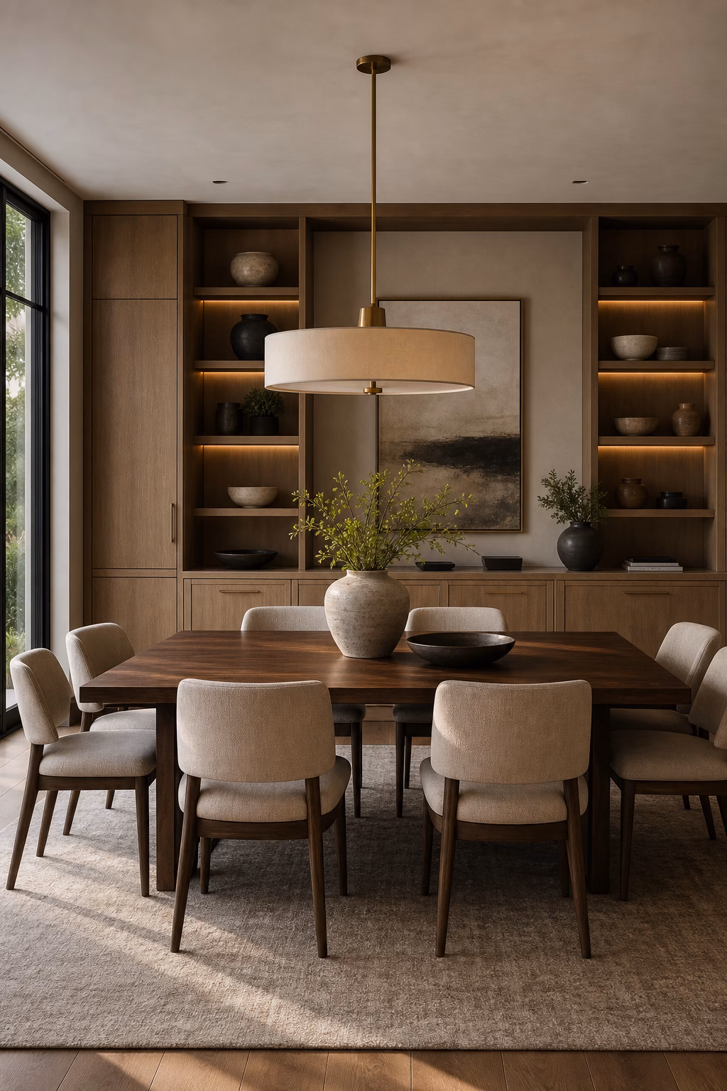 Contemporary dining room with elegant built-in cabinetry and open shelves.