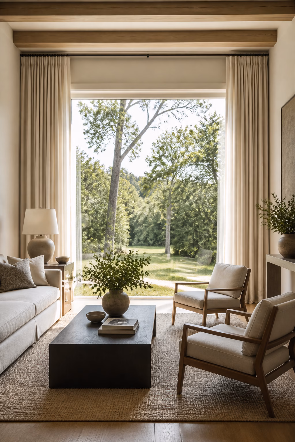 Picture window living room with curtains stacked wide from the glass