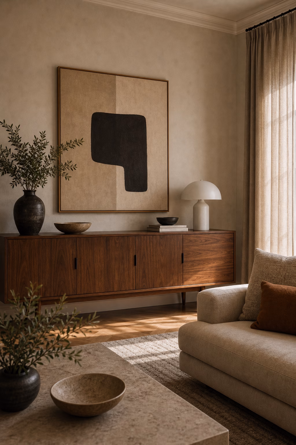 Walnut mid-century credenza styled beneath abstract art in living room