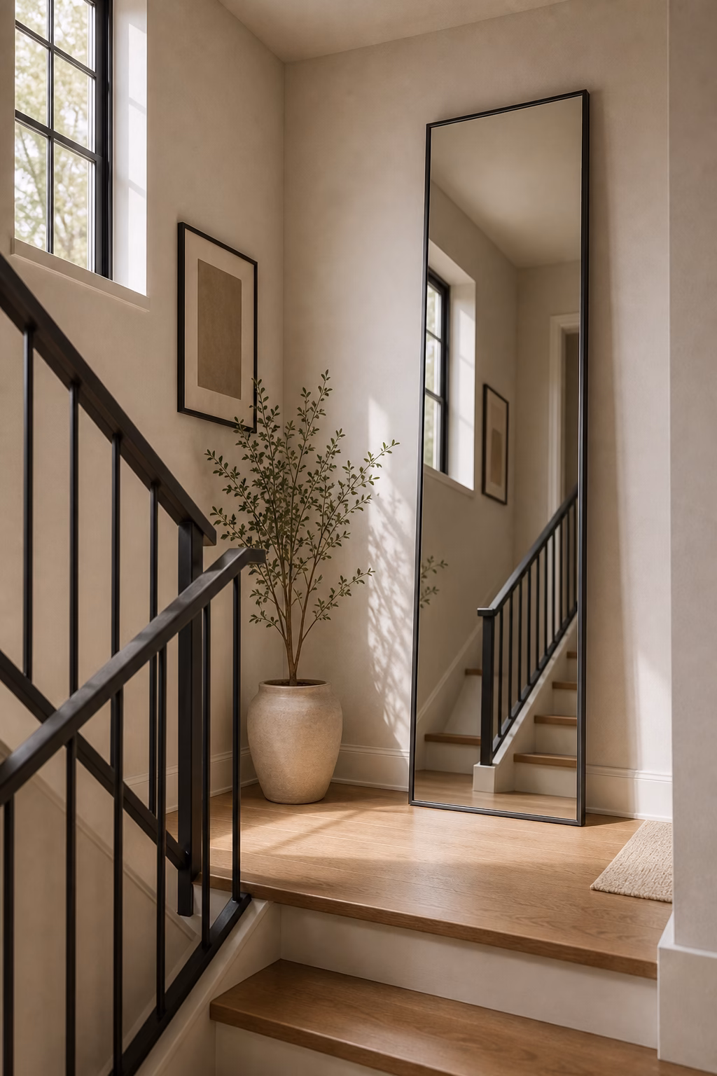 Tall wall mirror adding light to a stair landing