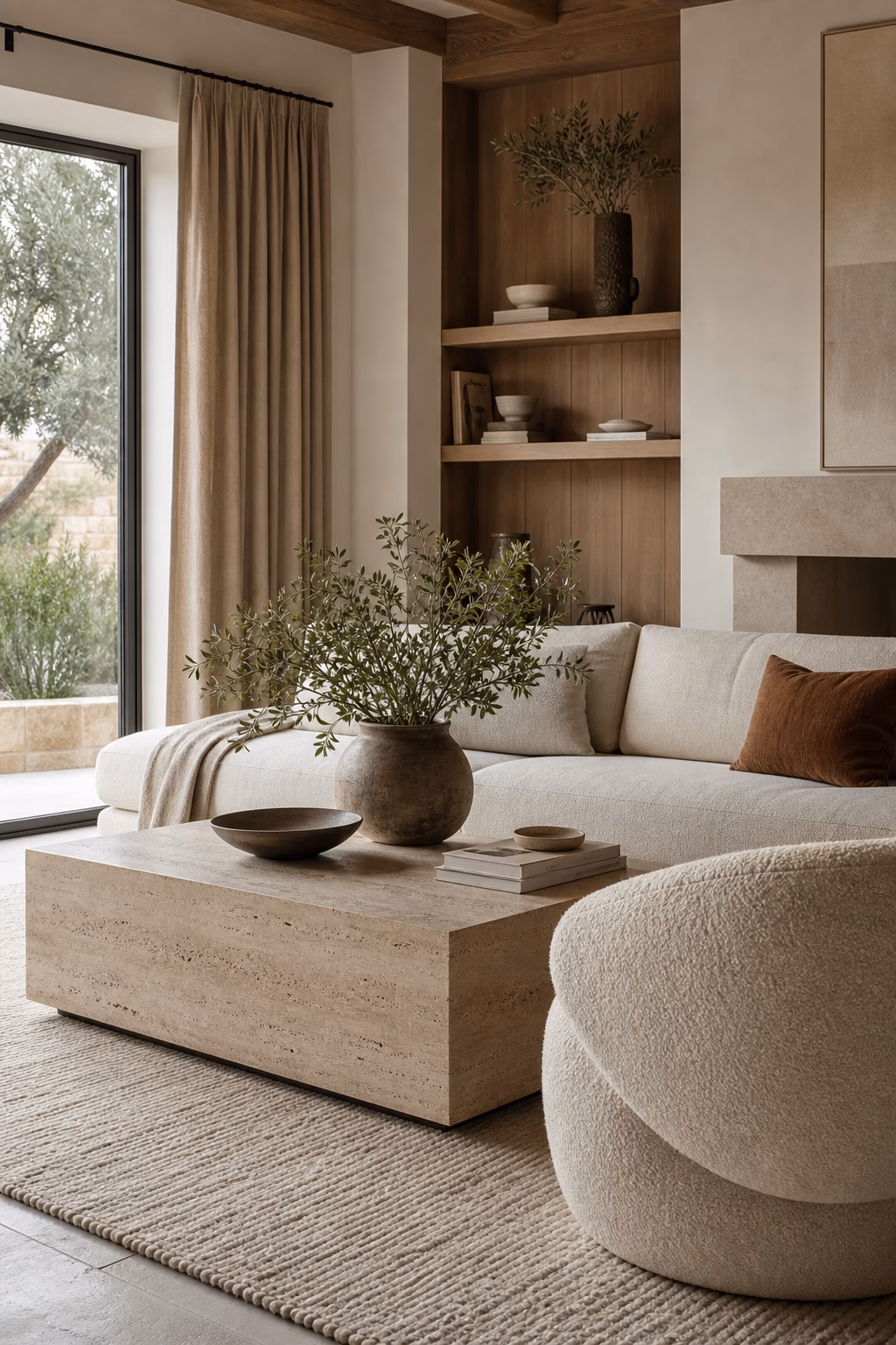Travertine coffee table in a soft neutral living room