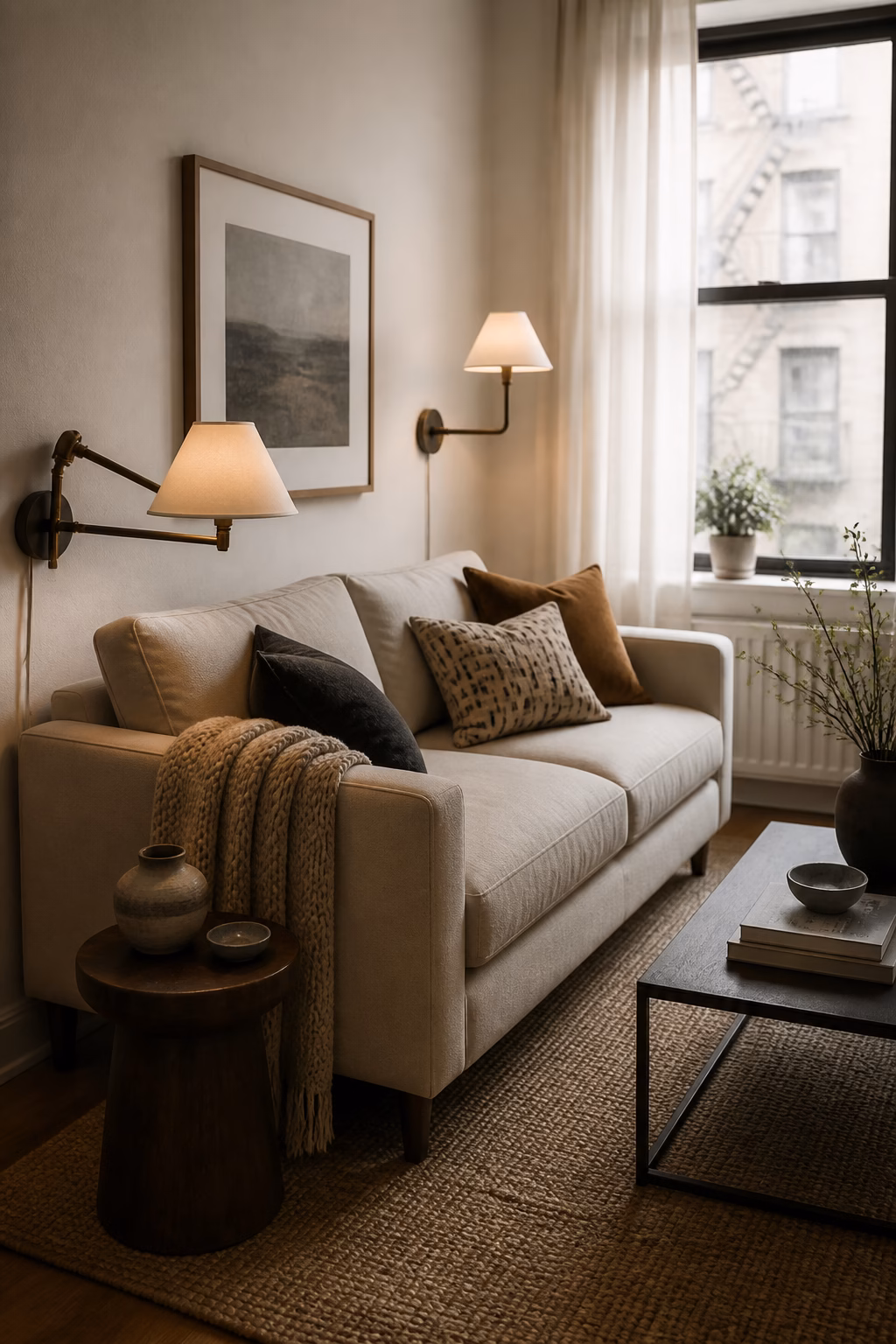 Small apartment with wall sconces freeing a compact side table