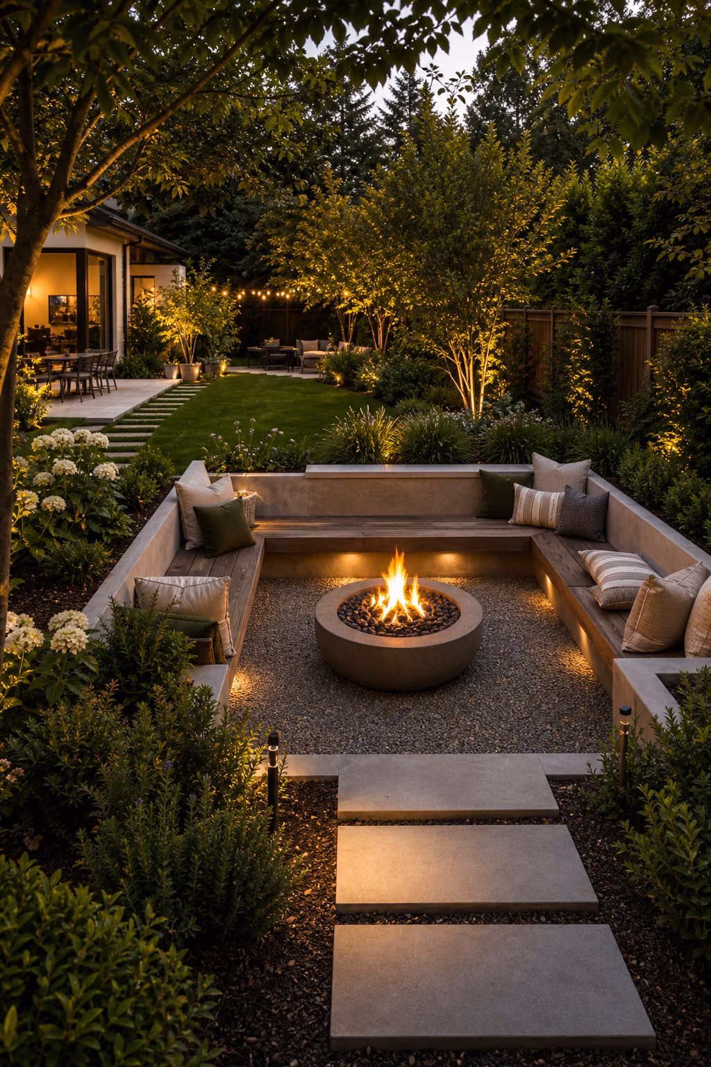 Separate backyard fire pit room with gravel, low seating, planted edges, and safe clearances.