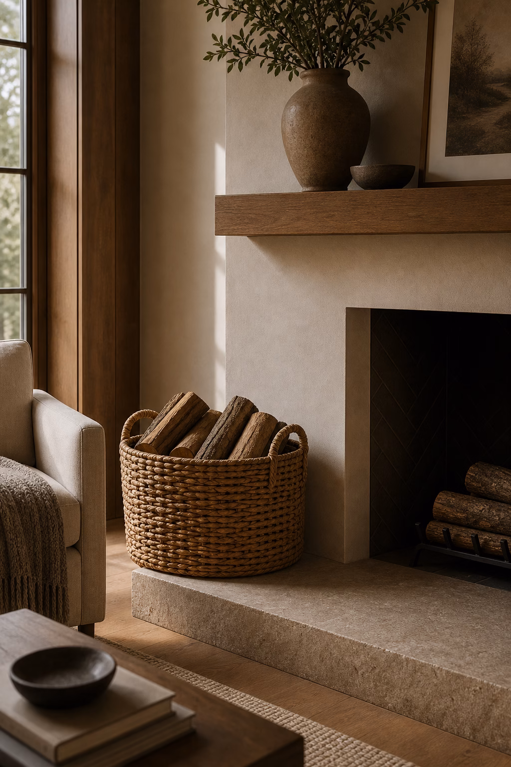 Woven log basket placed beside a warm stone fireplace