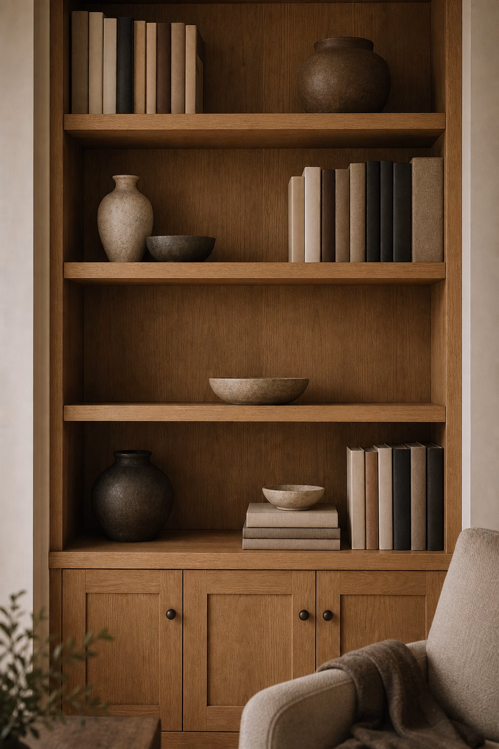 Nearly empty bookshelf shelf used as visual breathing space