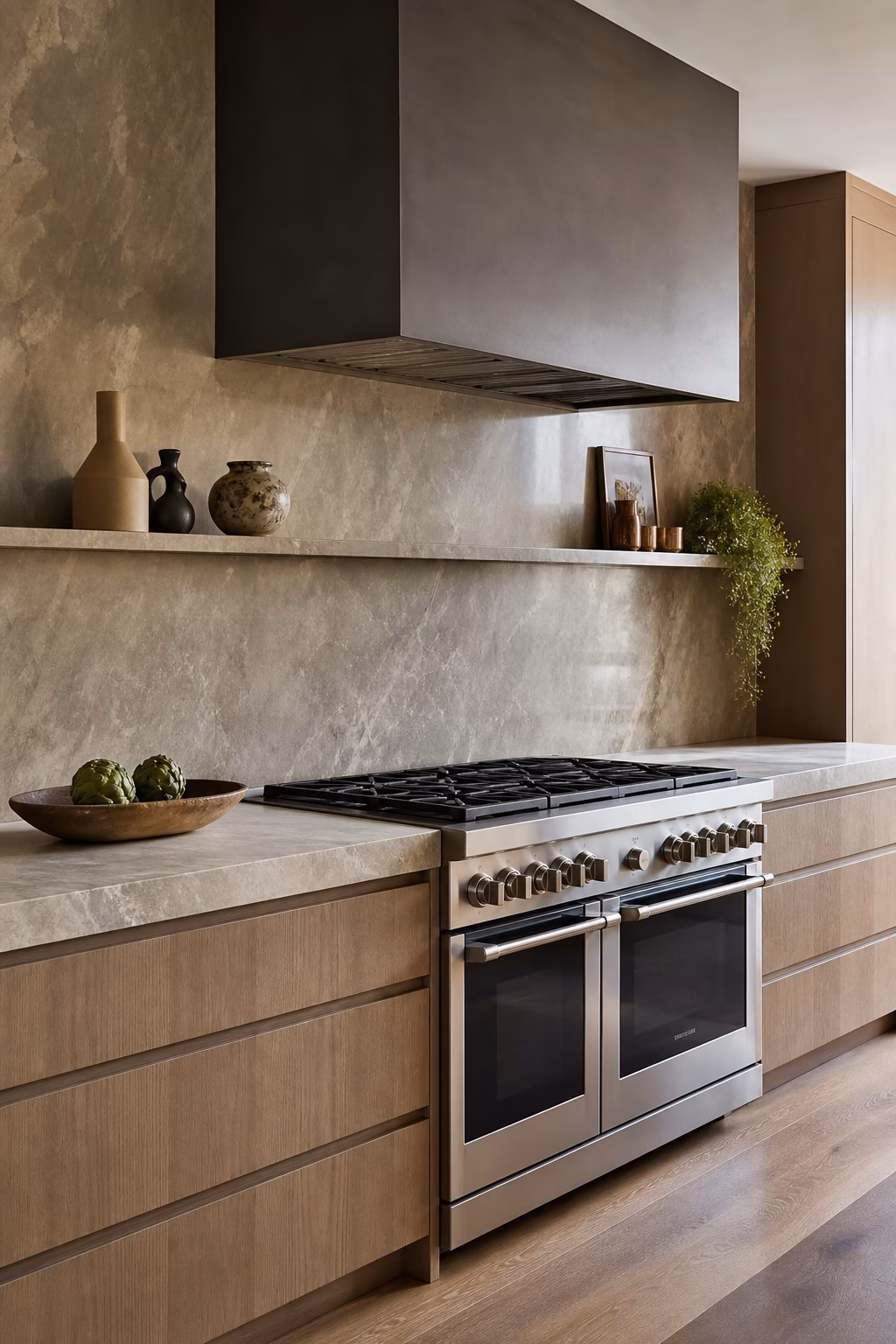 Stone kitchen backsplash with a narrow display ledge and edited ceramics in natural light.