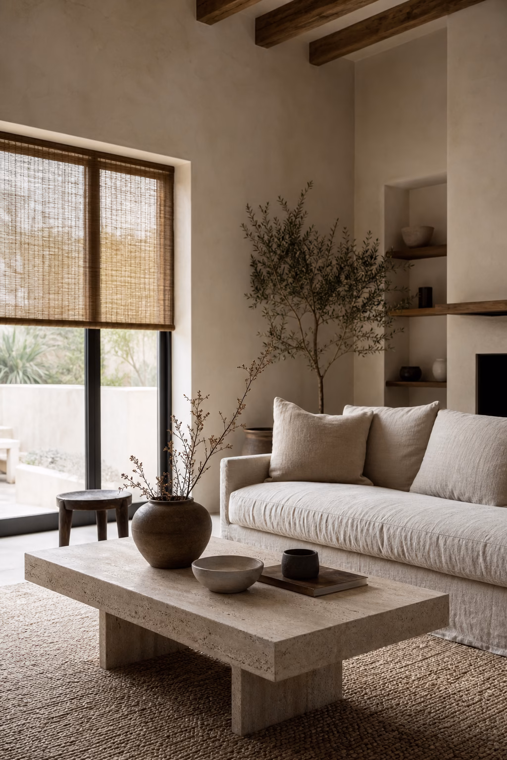 Textured neutral living room with wool rug linen sofa and plaster wall