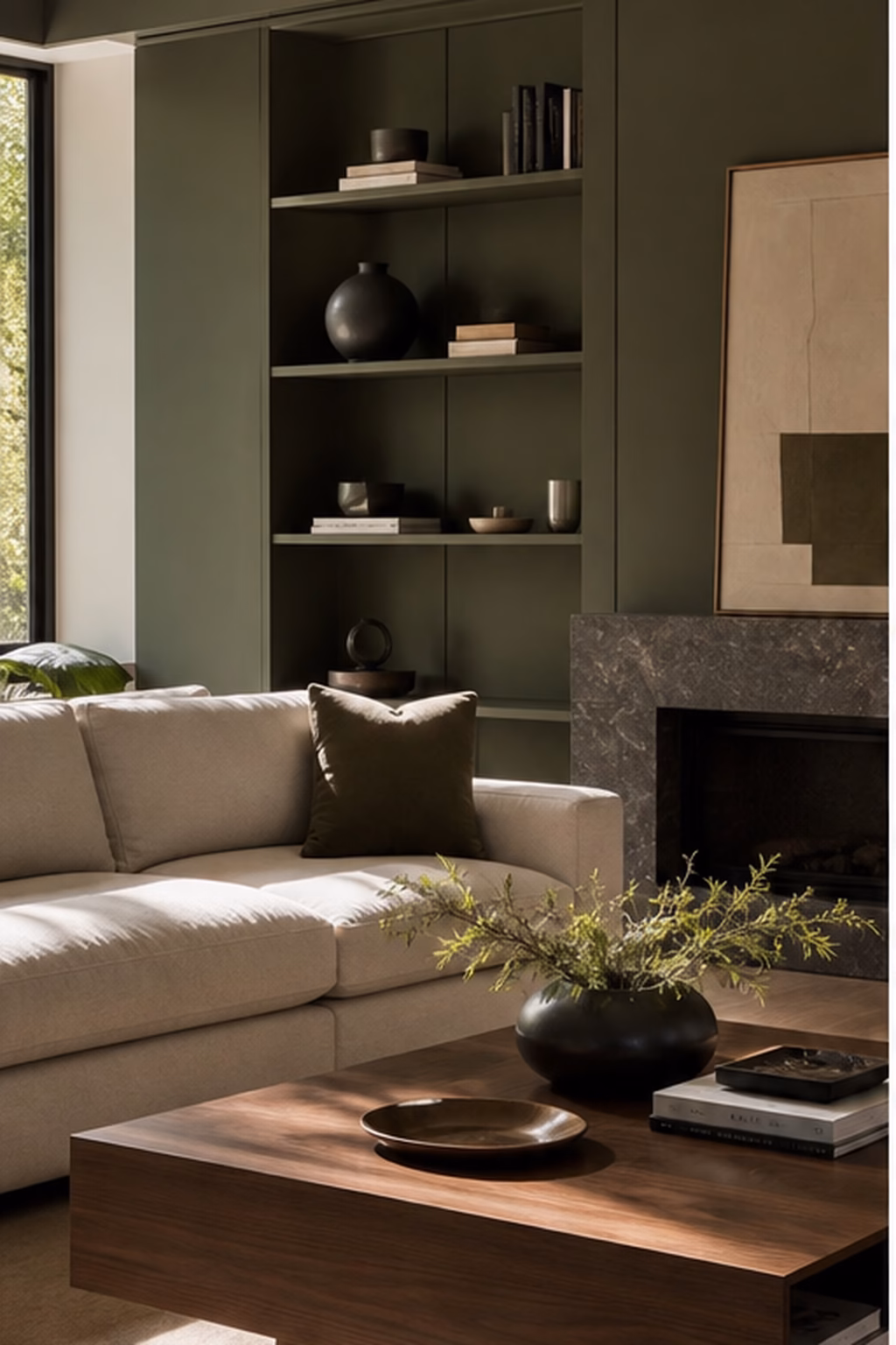 Deep olive color used in a controlled modern living room