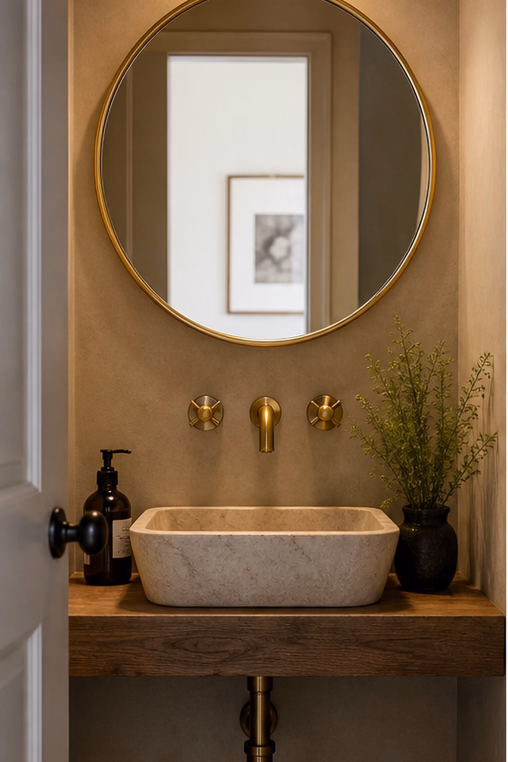 Brass round mirror adding warmth to a tiny powder room