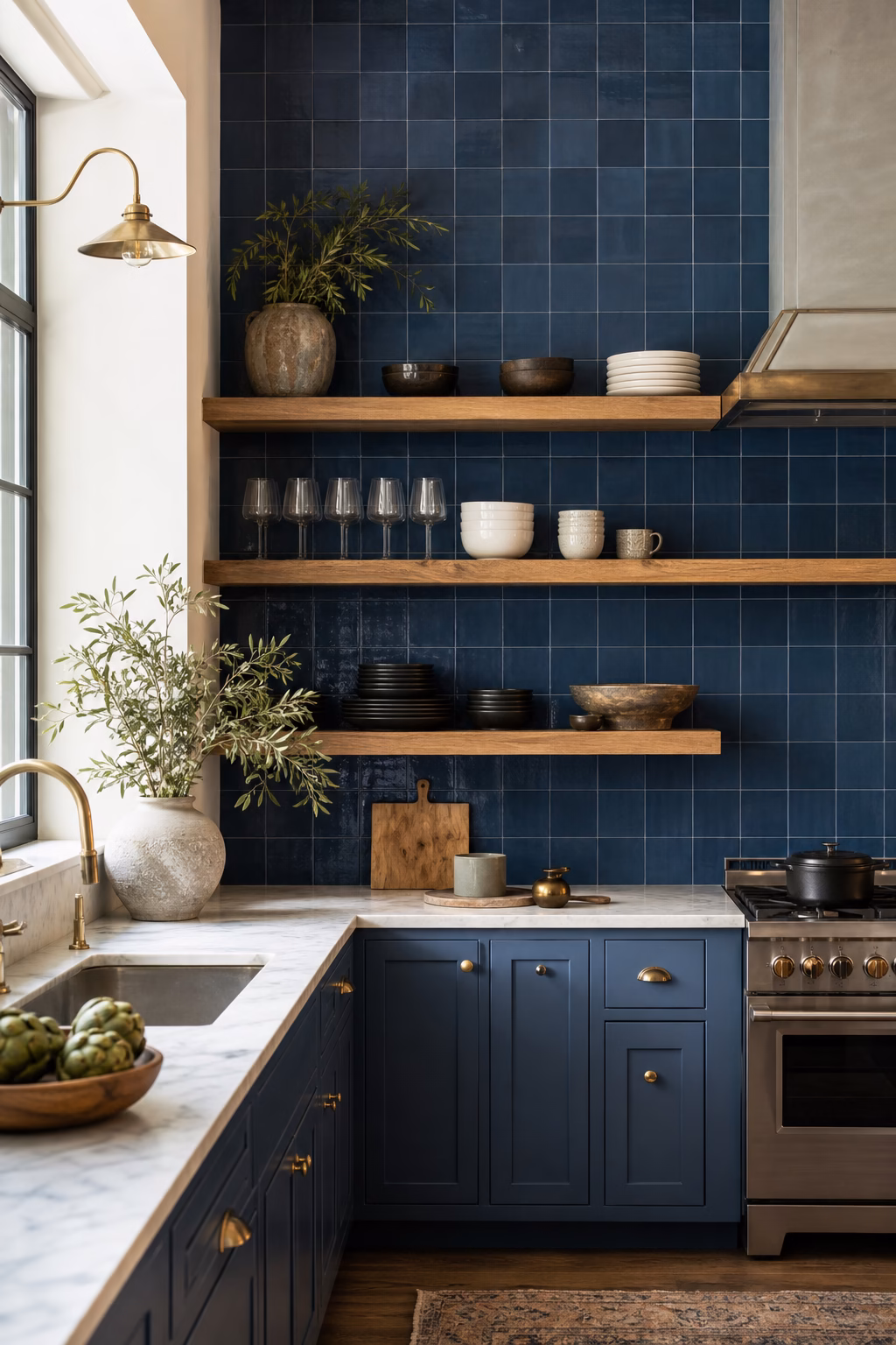 Kitchen with blue tile running from counter to ceiling behind open shelves.