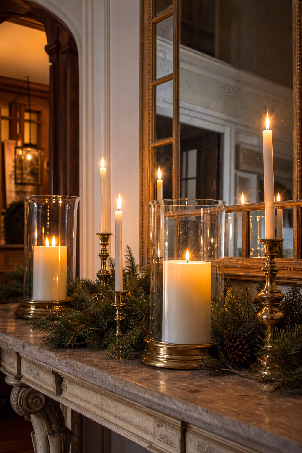 Generous holiday candlelight layered safely on a refined console