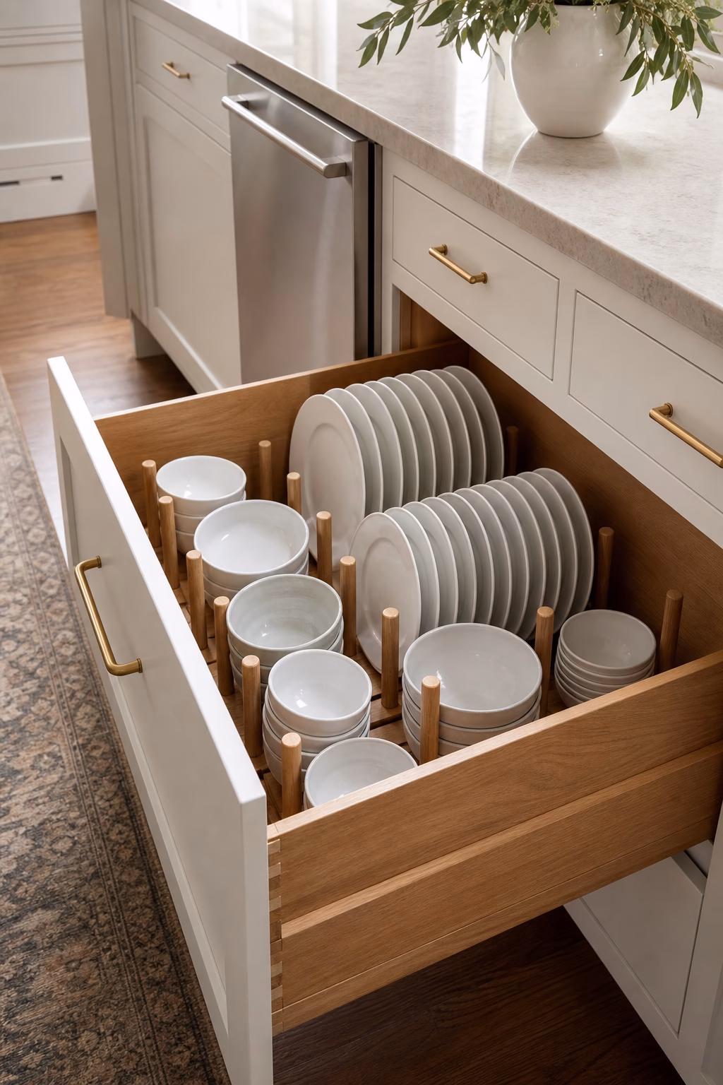 Kitchen dish drawer with wood peg dividers organizing plates and bowls near the dishwasher.