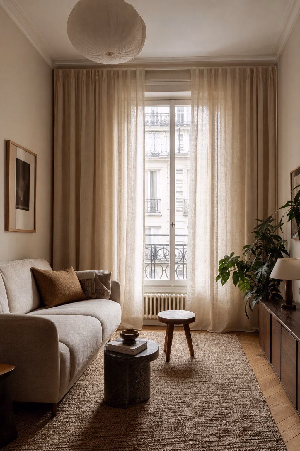 Small apartment living room with full height curtains and softened rental windows
