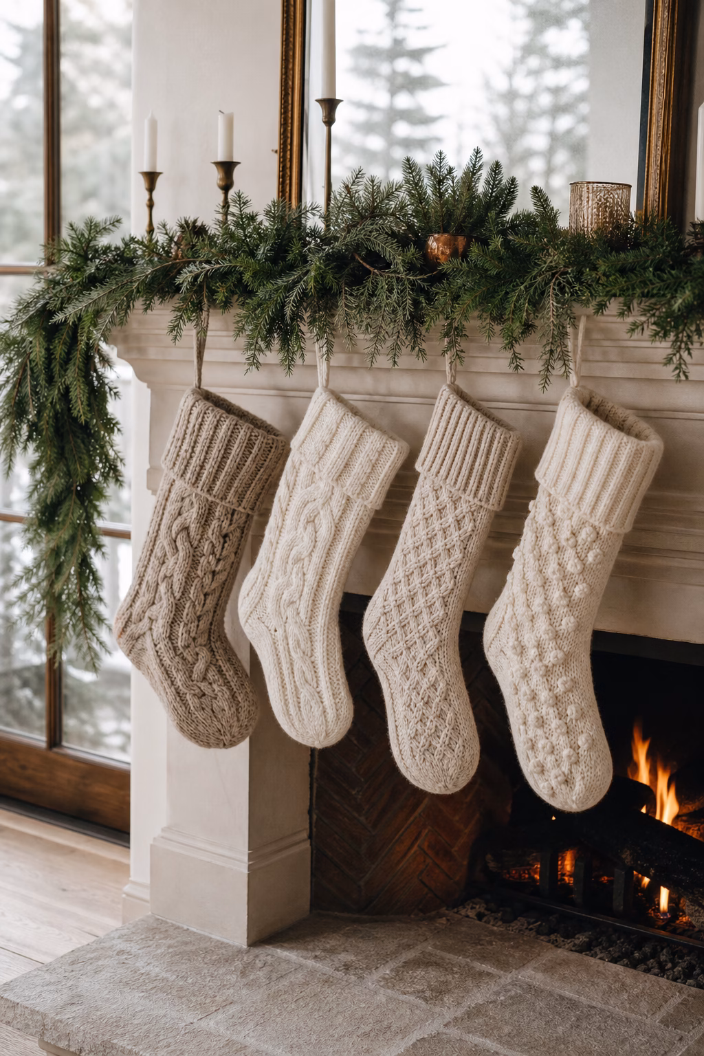 Textured knit stockings hanging from a refined Christmas mantel
