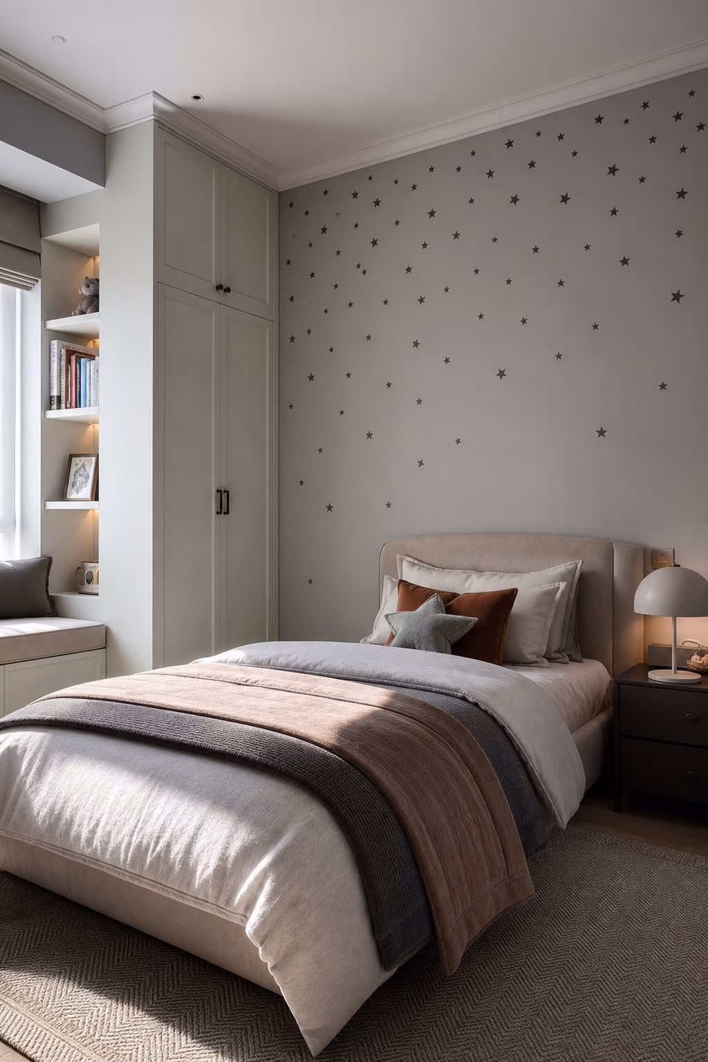 Matte star decals scattered across a stylish kids bedroom wall