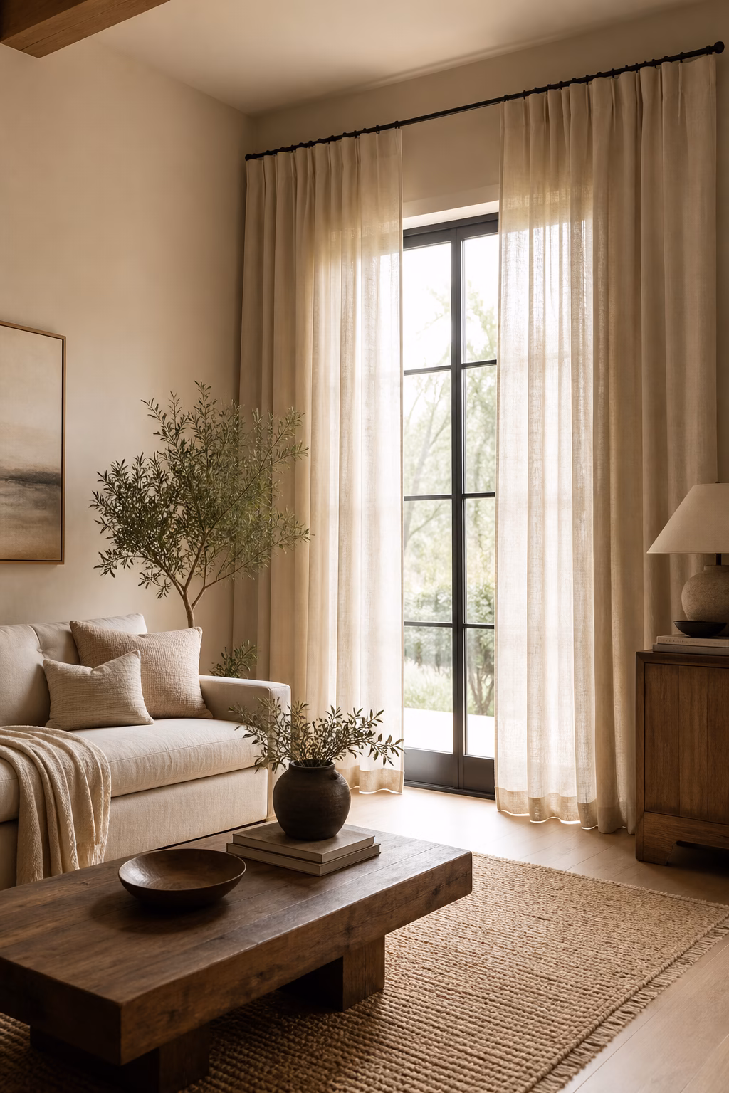 Cozy living room softened with high, wide, full-length linen curtains and filtered daylight.