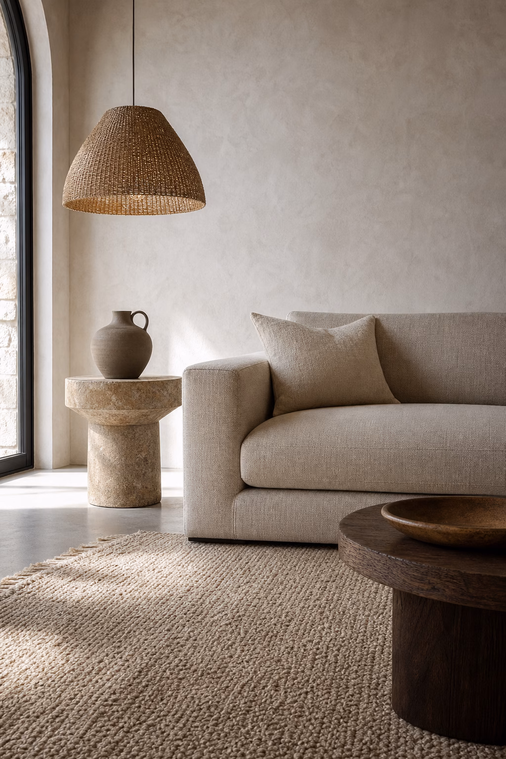Minimalist living room with linen sofa wool rug plaster wall and stone side table