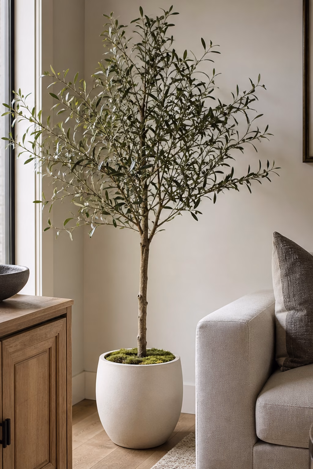 Realistic faux olive tree in a simple planter brightening a living room corner.